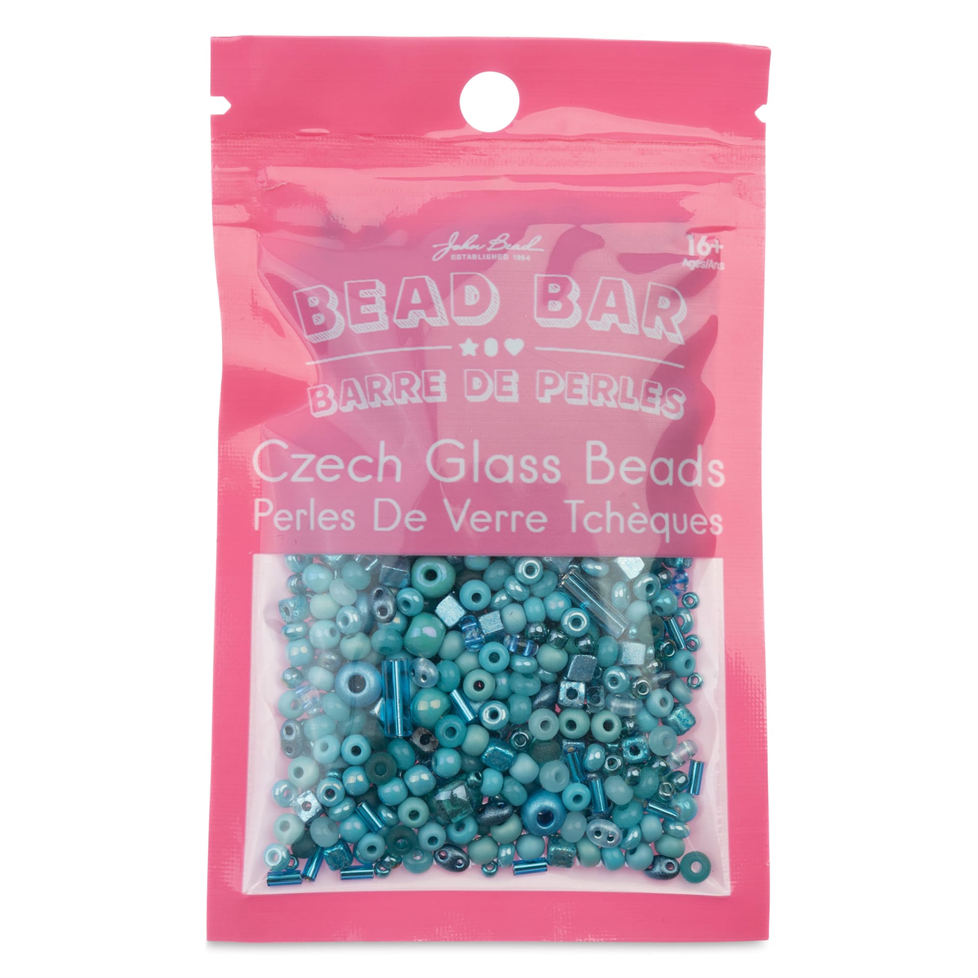 John Bead Bead Bar Czech Glass Bead Assortment - Turquoise Blue, 50 g front of packaging