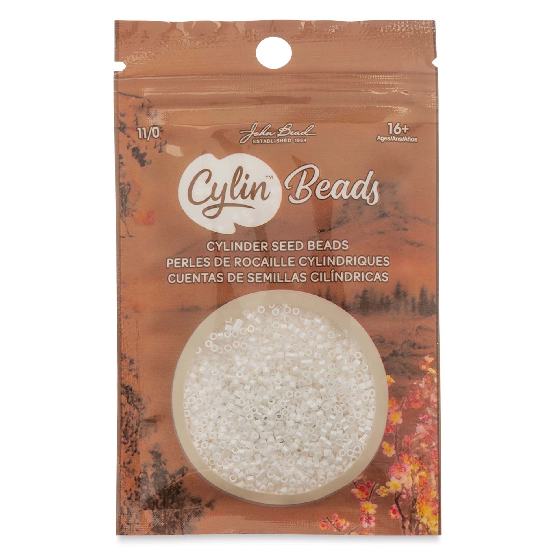 John Bead Cylin 11/0 Cylindrical Seed Beads - White Pearl AB front of packaging