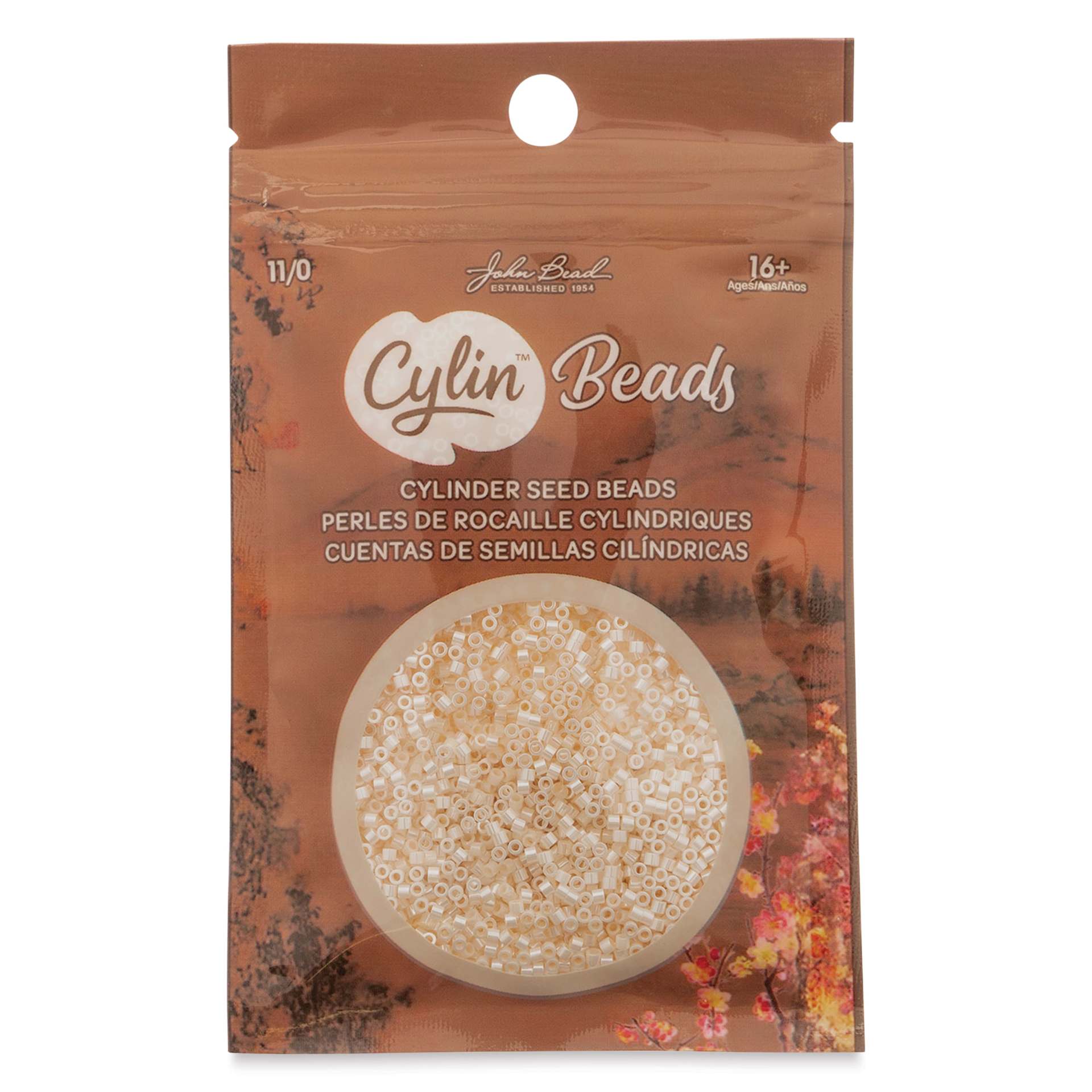 John Bead Cylin 11/0 Ceylon Cylindrical Seed Beads - Opaque White Bisque, 25g front of packaging