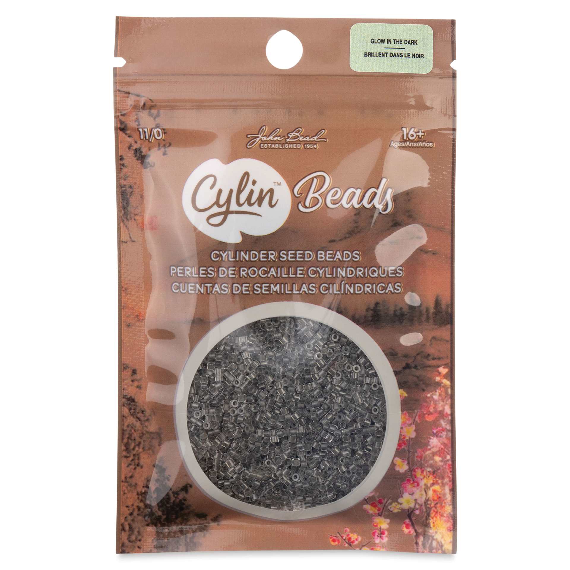 John Bead Cylin 11/0 Glow in the Dark Cylindrical Seed Beads - Grey, 25g front of packaging