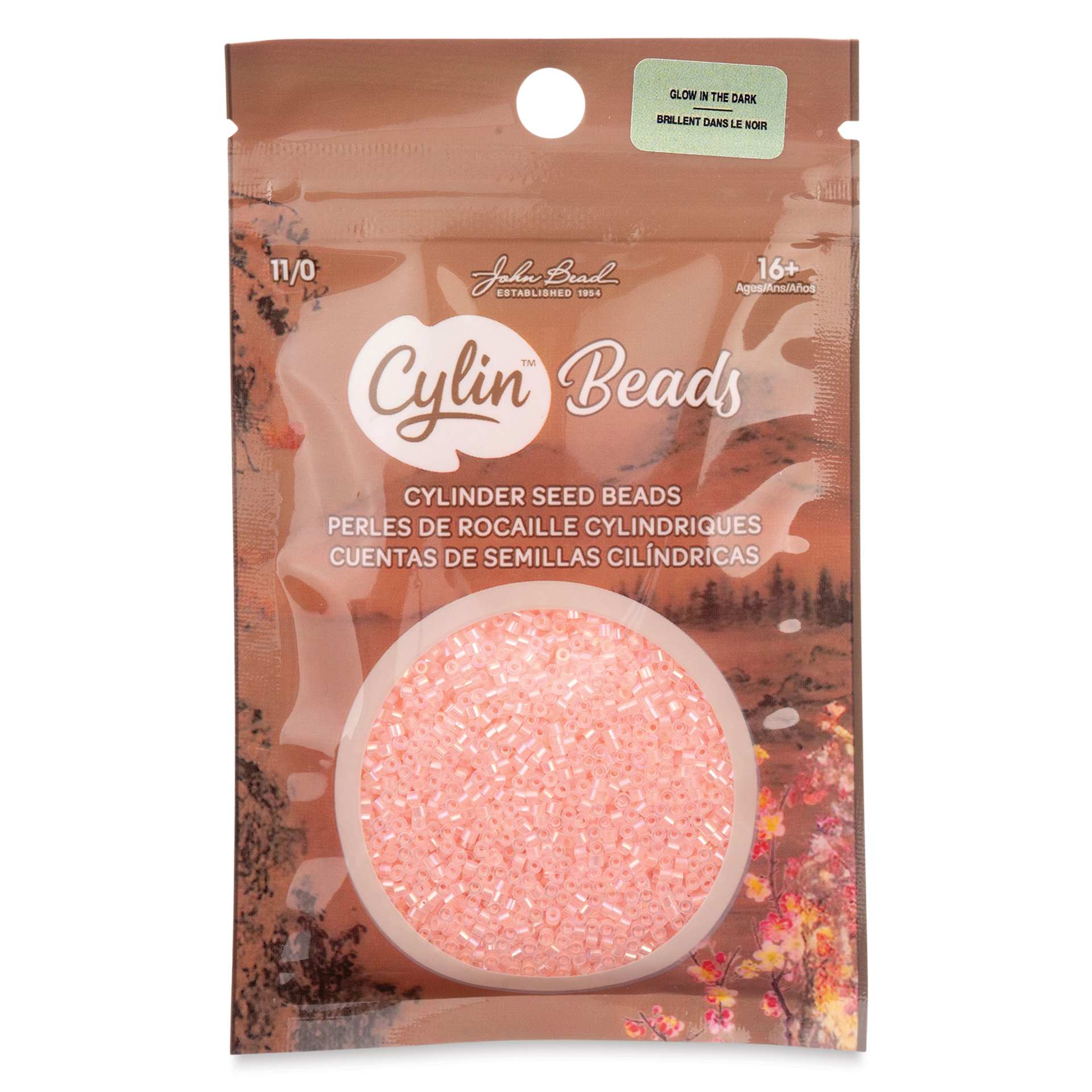 John Bead Cylin 11/0 Glow in the Dark Cylindrical Seed Beads - Coral AB, 25g front of packaging