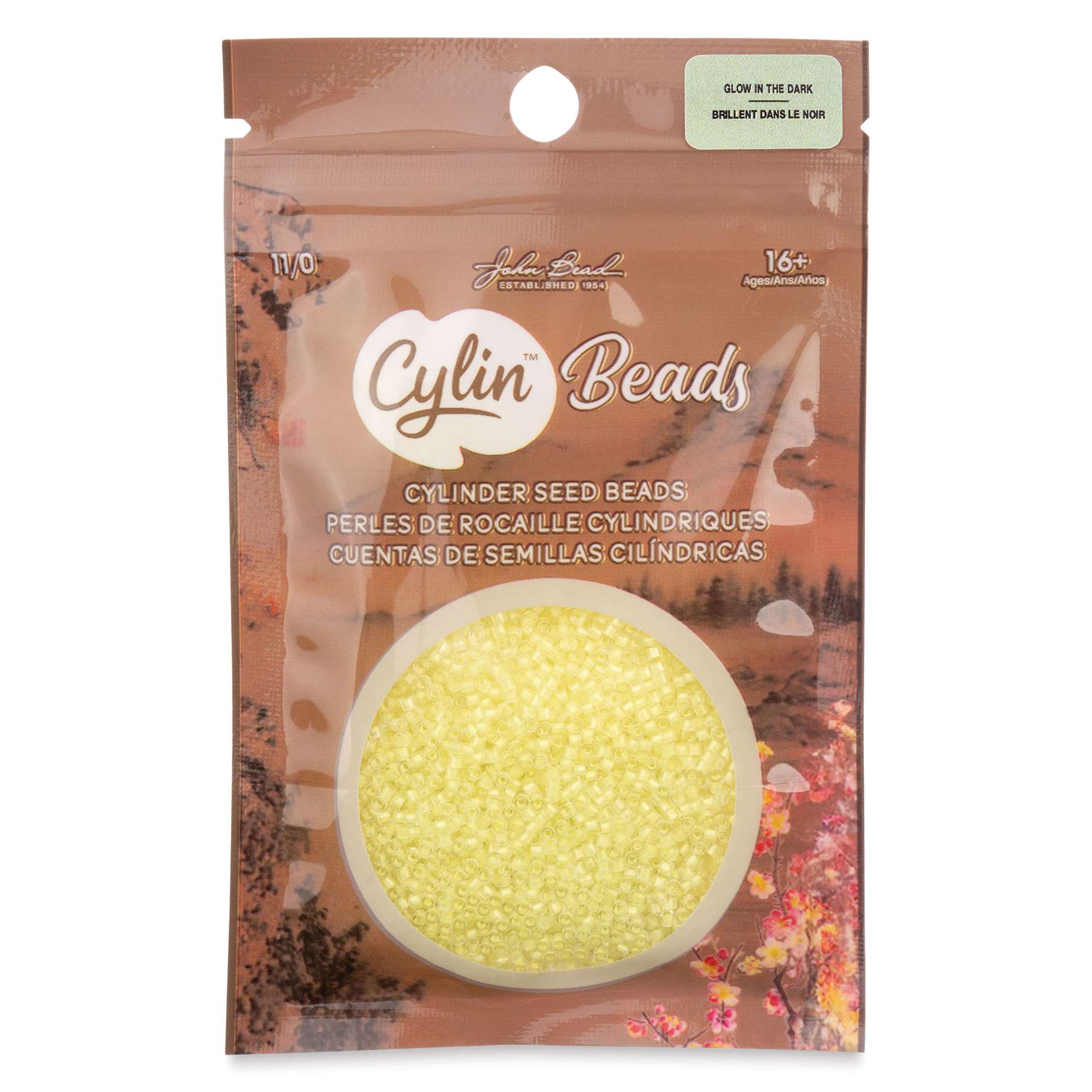 John Bead Cylin 11/0 Glow in the Dark Cylindrical Seed Beads - Yellow, 25g front of packaging