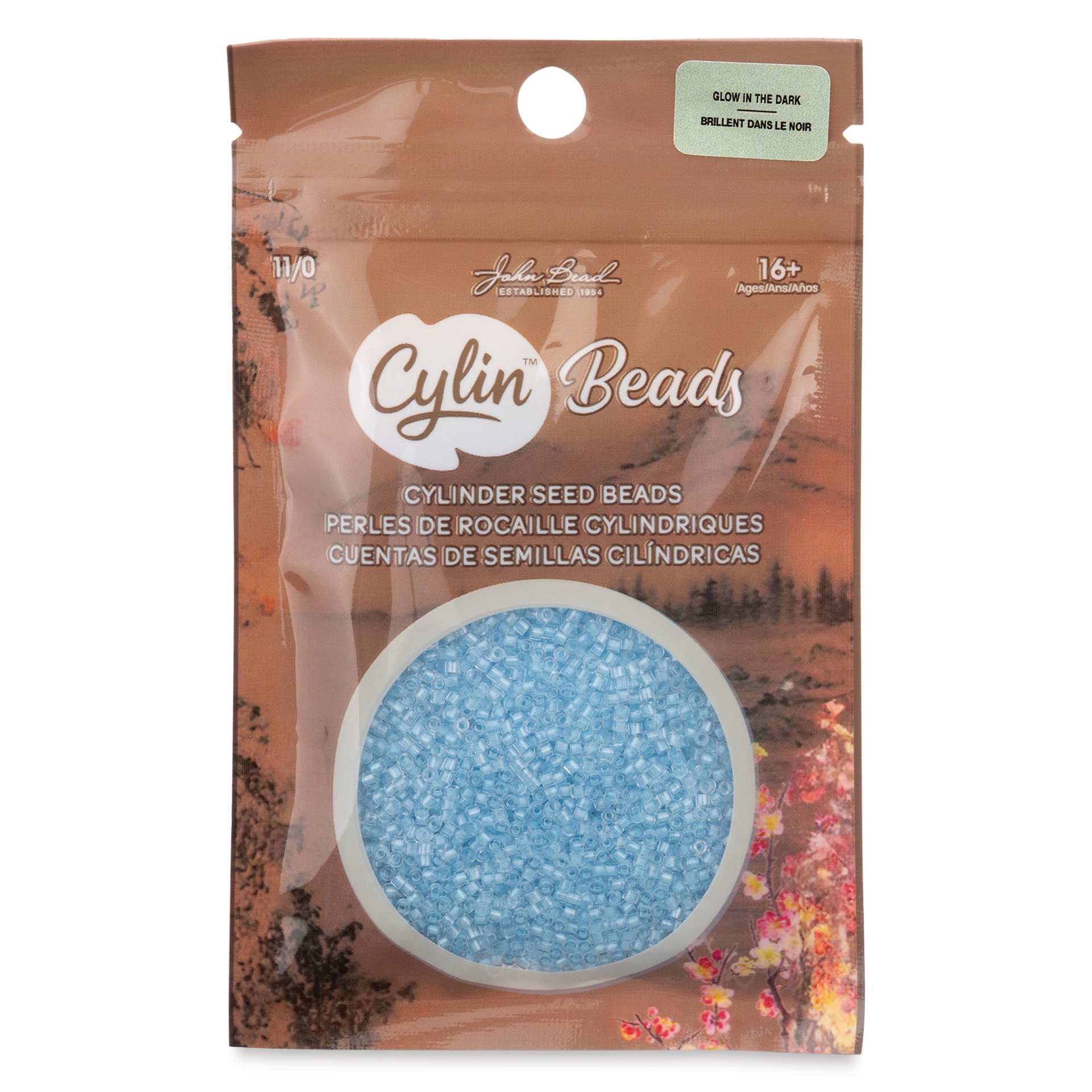 John Bead Cylin 11/0 Glow in the Dark Cylindrical Seed Beads - Blue, 25g front of packaging