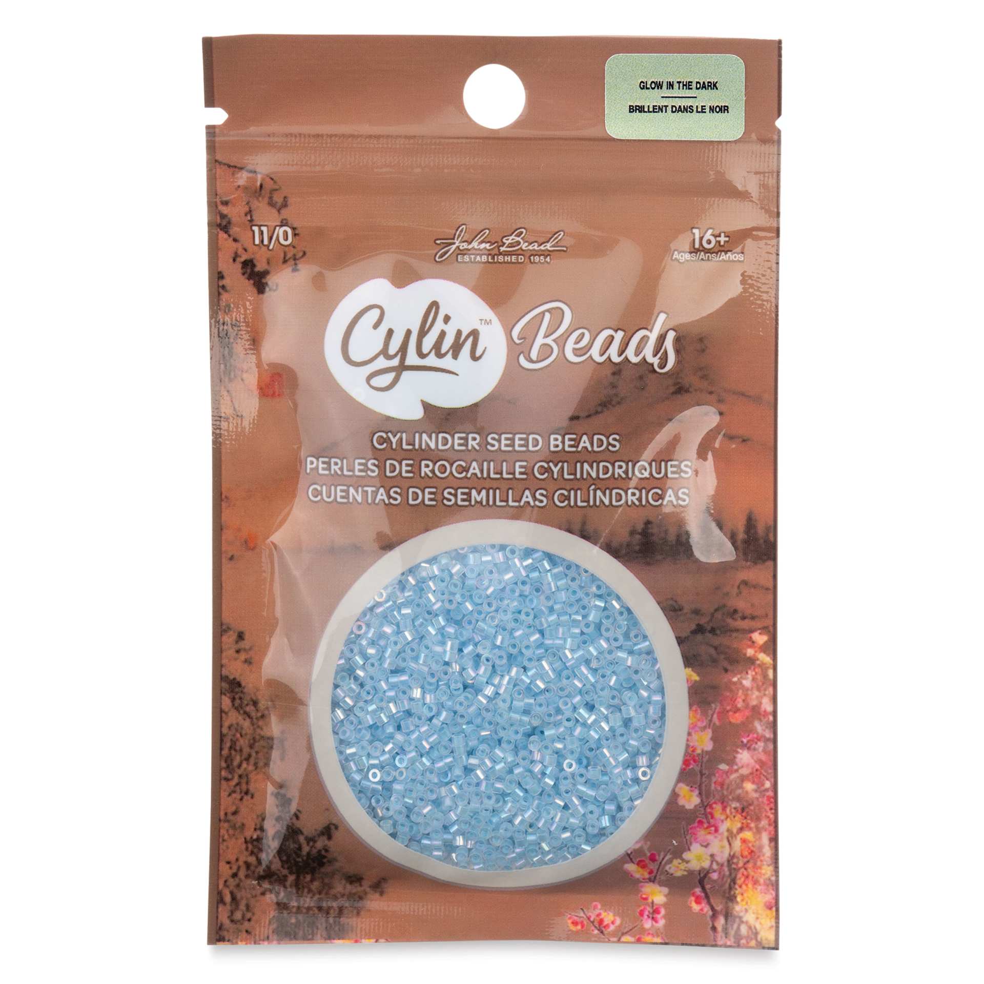 John Bead Cylin 11/0 Glow in the Dark Cylindrical Seed Beads - Blue AB, 25g front of packaging