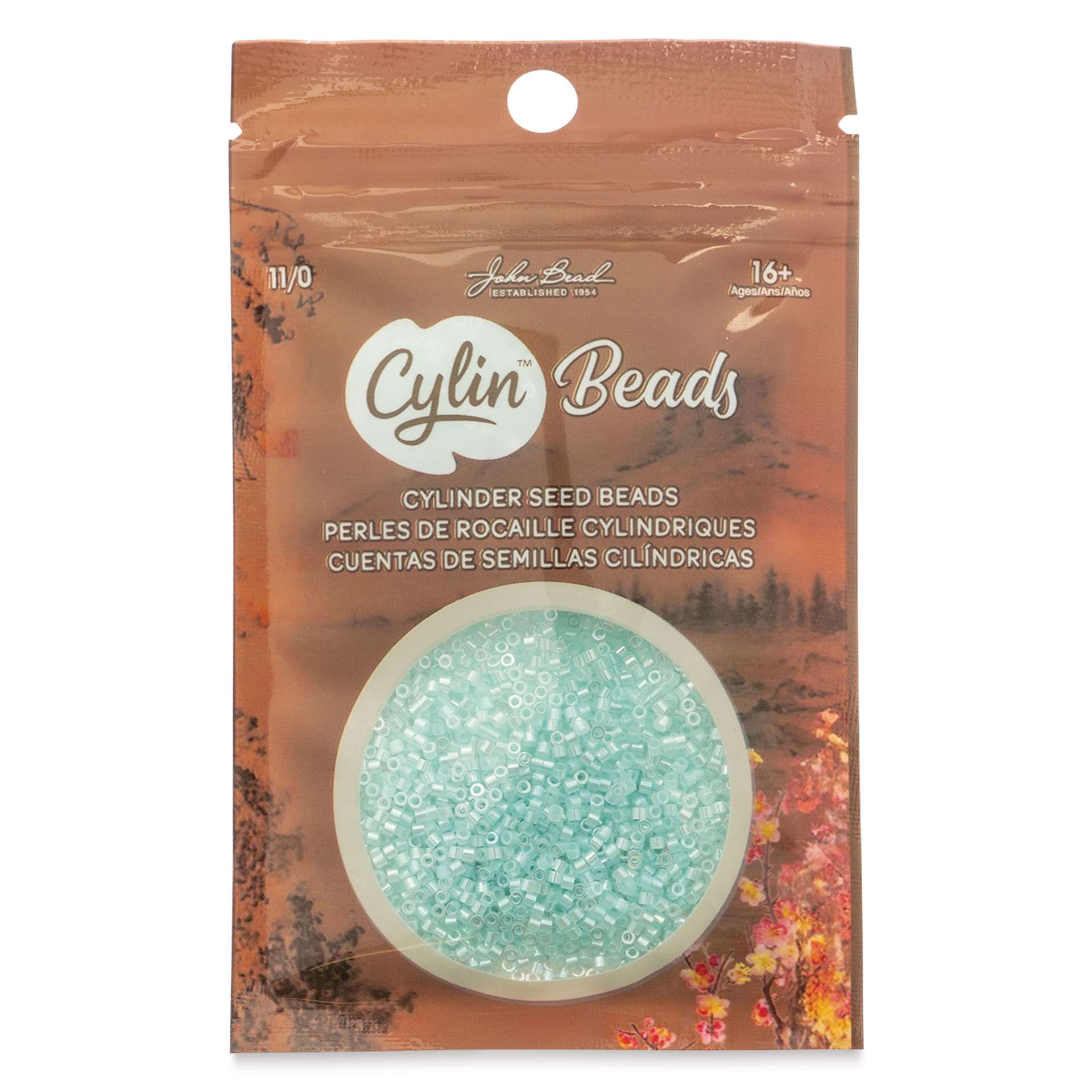 John Bead Cylin 11/0 Ceylon Cylindrical Seed Beads - Light Crystal Aqua, 25g front of packaging