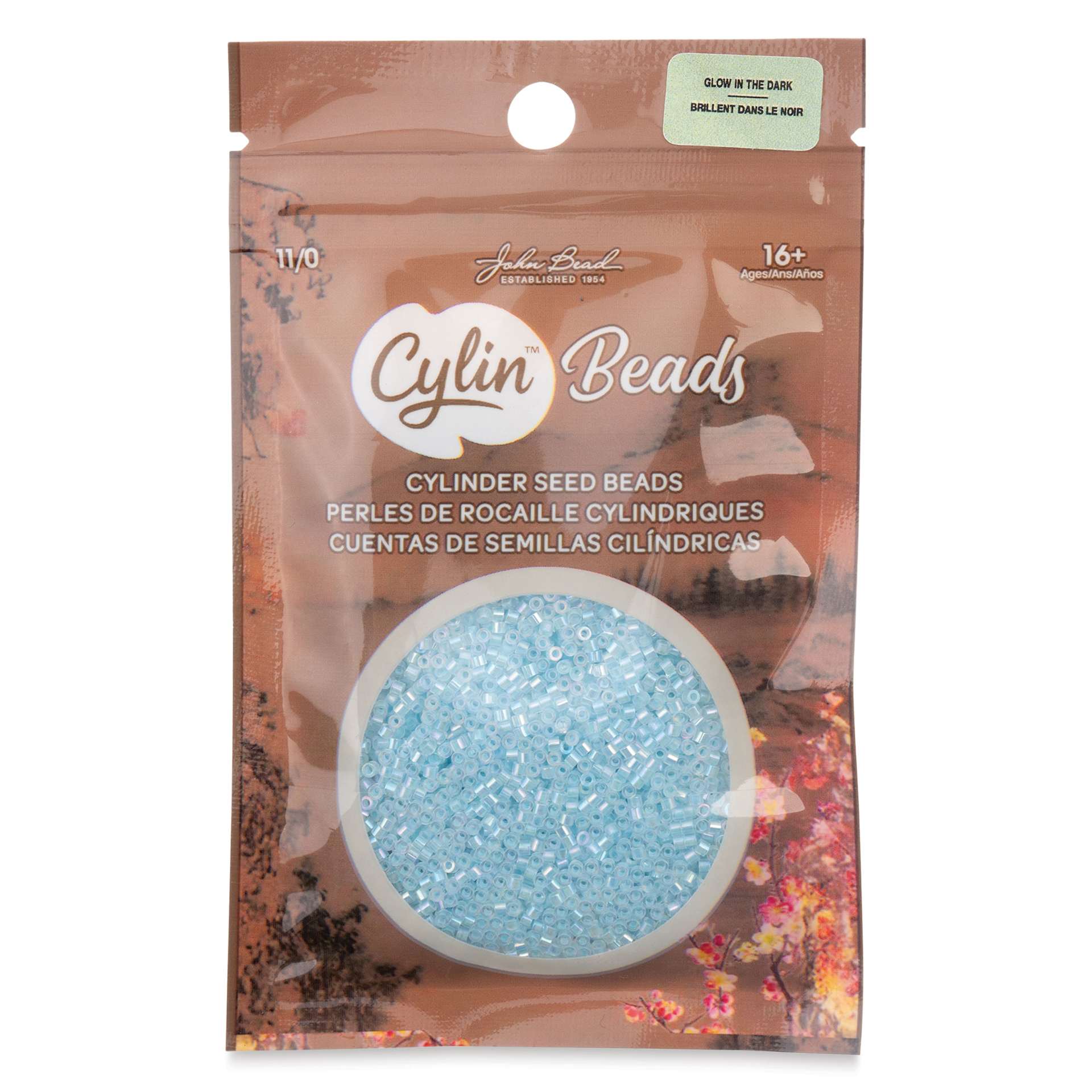 John Bead Cylin 11/0 Glow in the Dark Cylindrical Seed Beads - Sky AB, 25g front of packaging