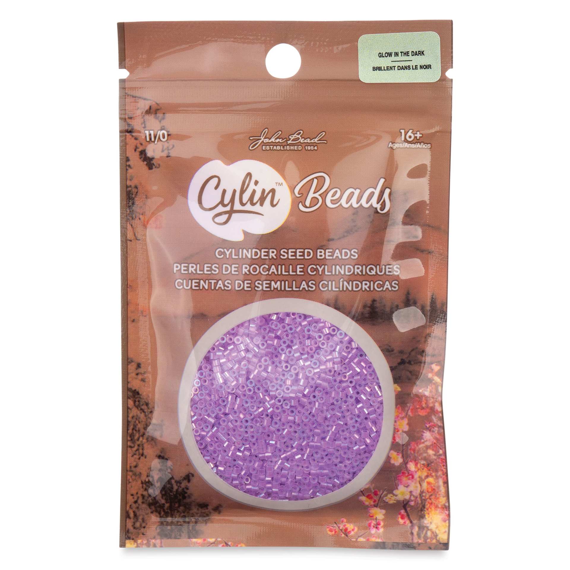 John Bead Cylin 11/0 Glow in the Dark Cylindrical Seed Beads - Purple AB, 25g front of packaging