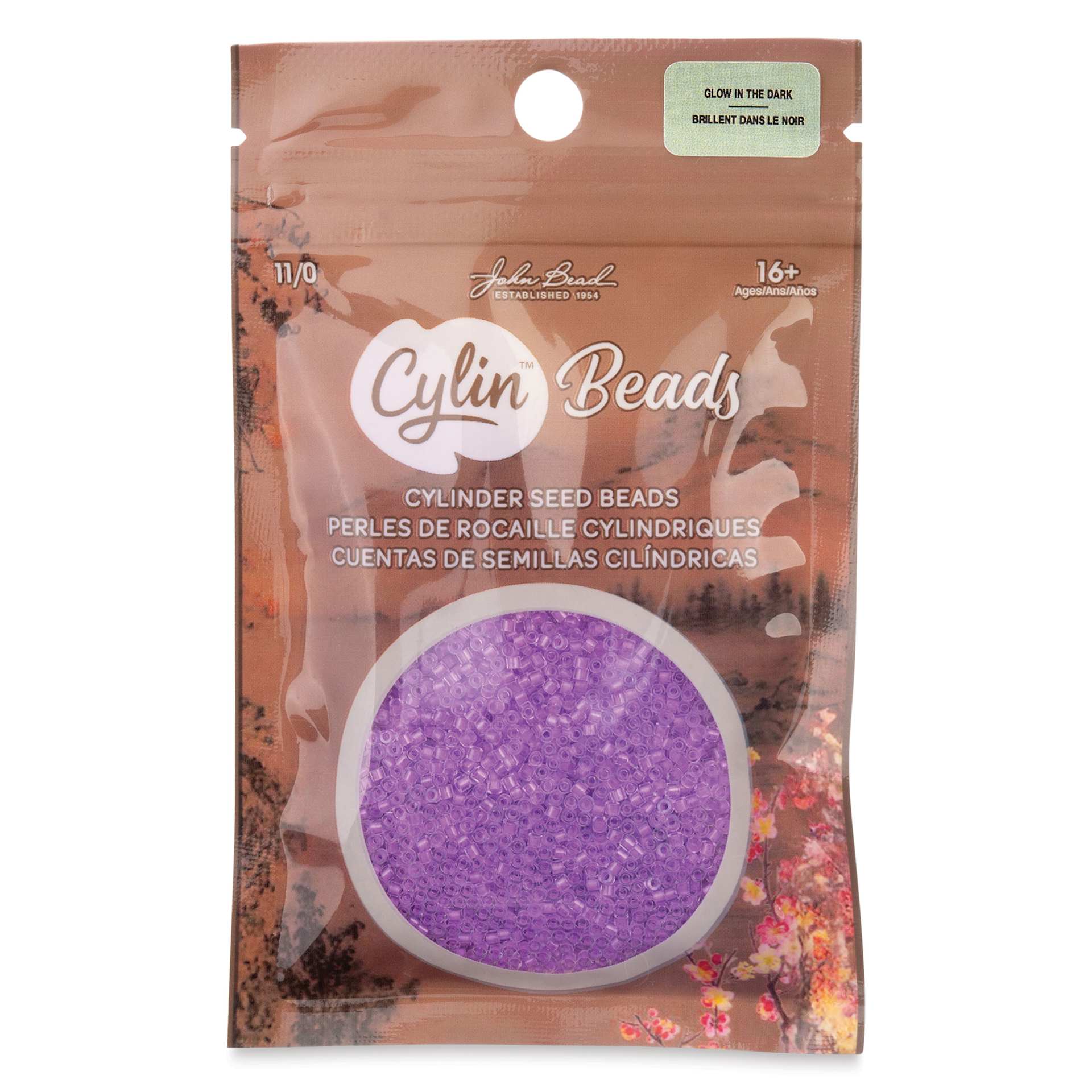 John Bead Cylin 11/0 Glow in the Dark Cylindrical Seed Beads - Purple, 25g front of packaging