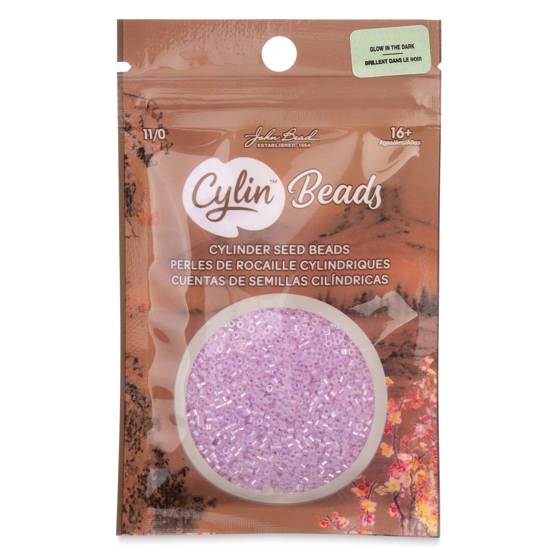 John Bead Cylin 11/0 Glow in the Dark Cylindrical Seed Beads - Violet AB, 25g front of packaging