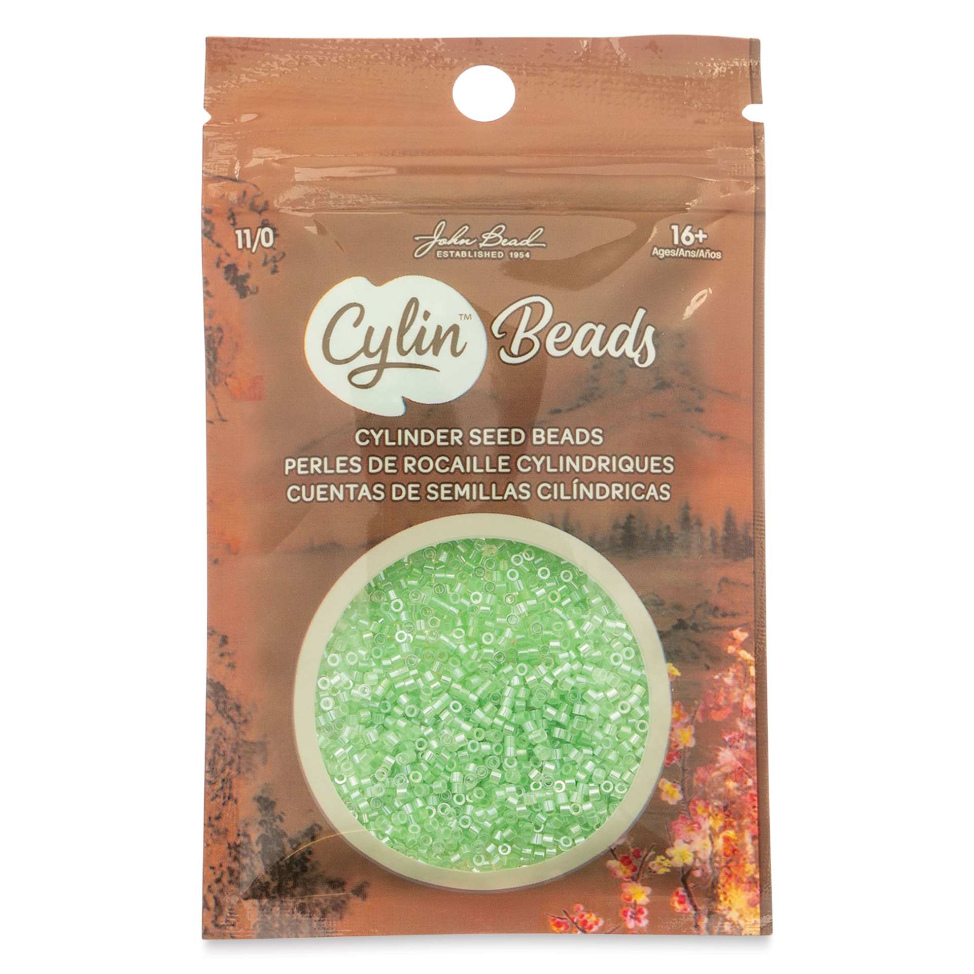 John Bead Cylin 11/0 Ceylon Cylindrical Seed Beads - Light Crystal Green, 25g front of packaging