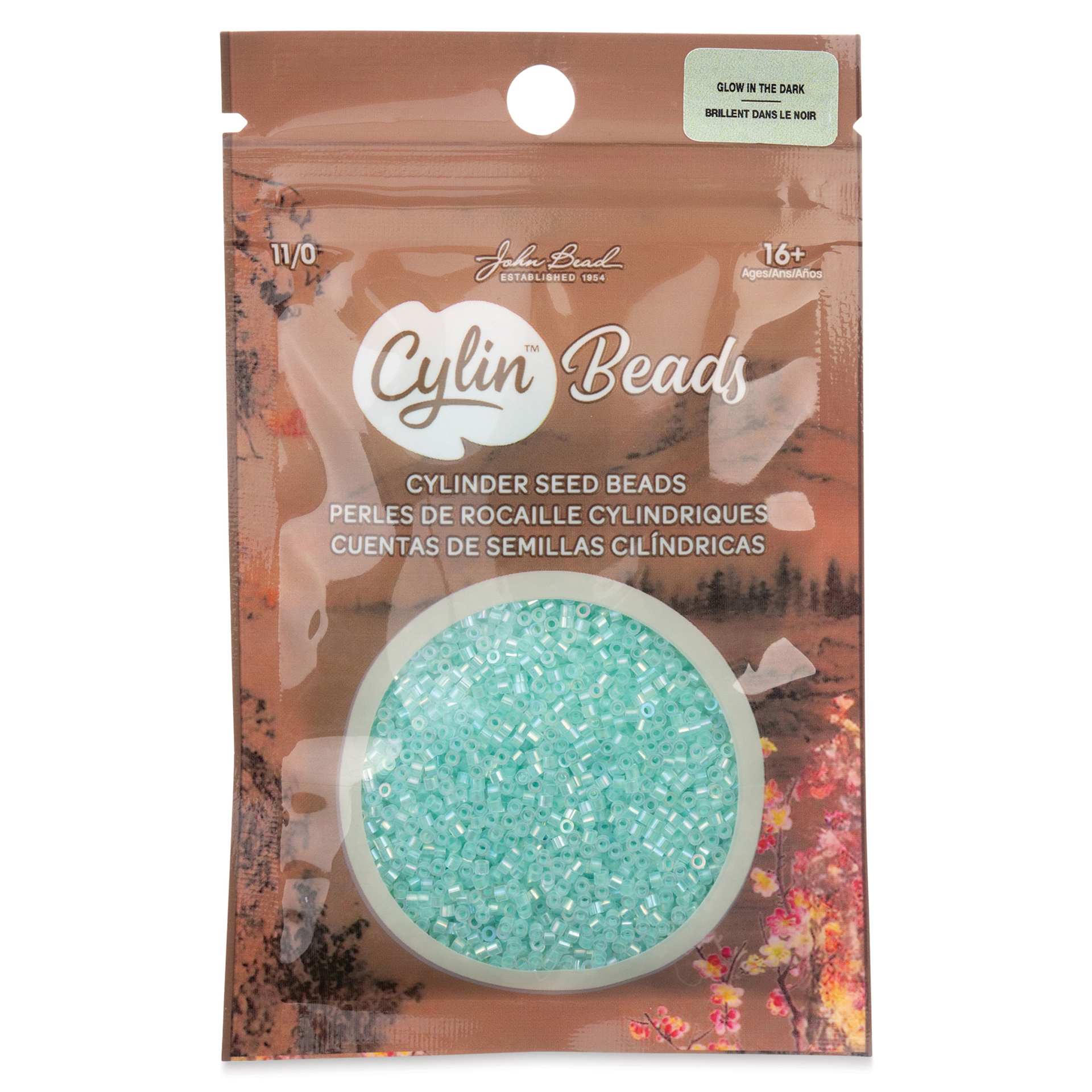 John Bead Cylin 11/0 Glow in the Dark Cylindrical Seed Beads - Green AB, 25g front of packaging