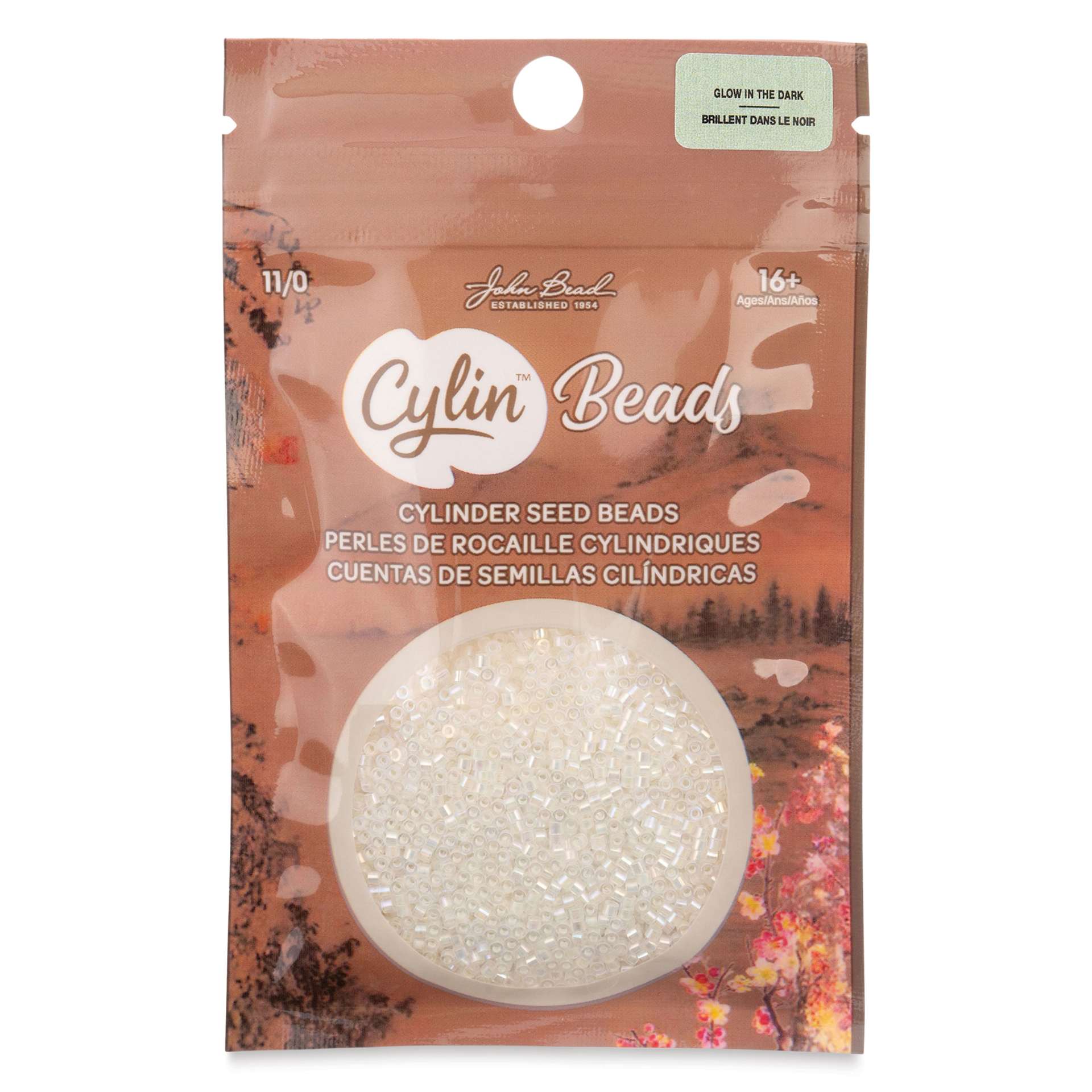 John Bead Cylin 11/0 Glow in the Dark Cylindrical Seed Beads - White to Green AB, 25g front of packaging