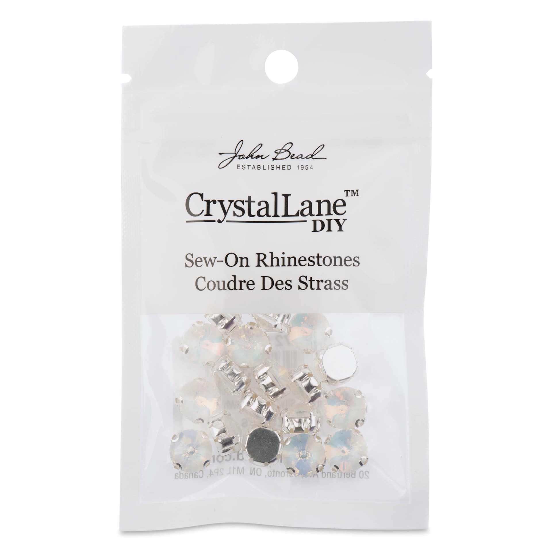 John Bead Crystal Lane DIY Sew On Rhinestones - Pkg of 20, Silver Setting, White Opal, 10 mm front of packaging