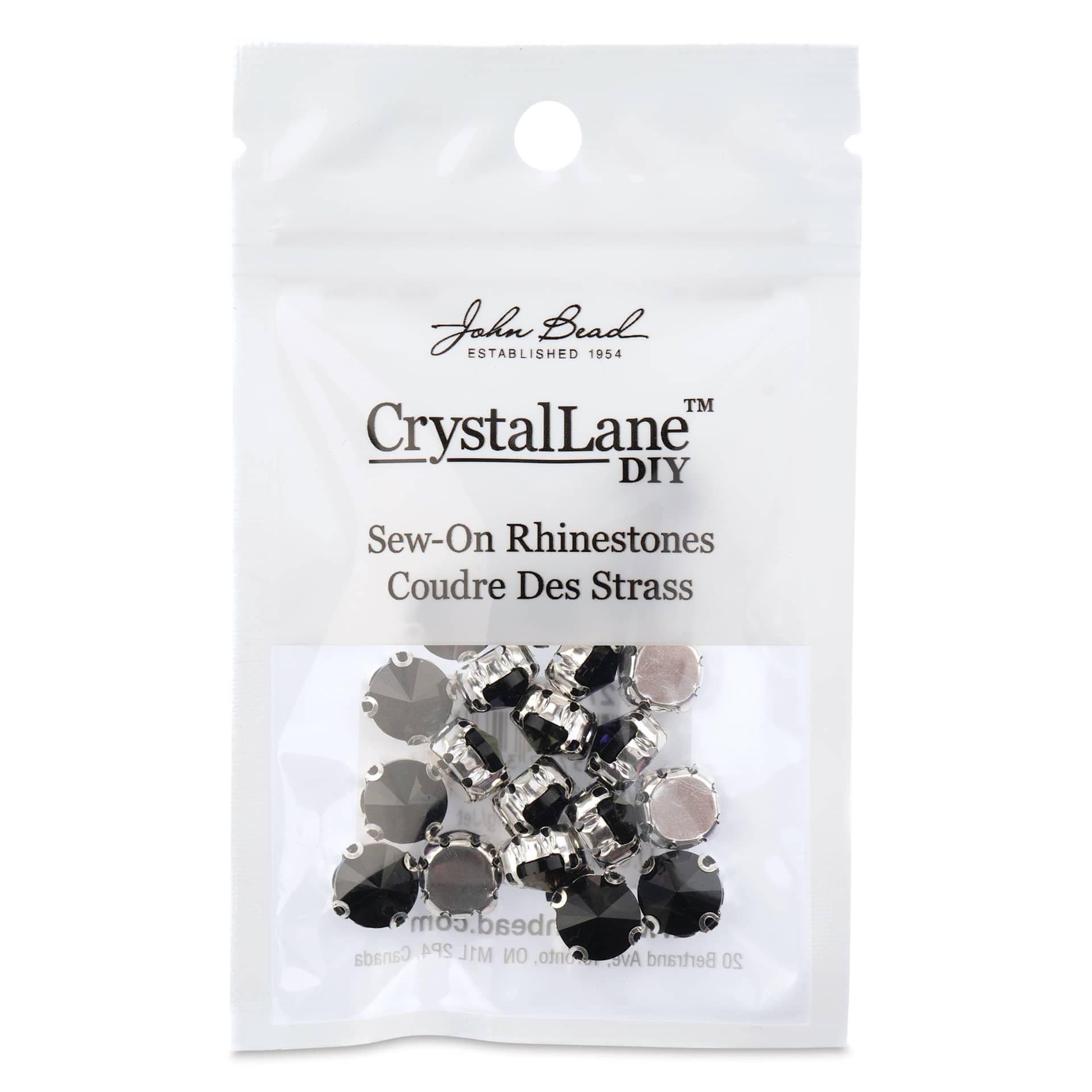John Bead Crystal Lane DIY Sew On Rhinestones - Pkg of 20, Silver Setting, Jet, 10 mm front of packaging