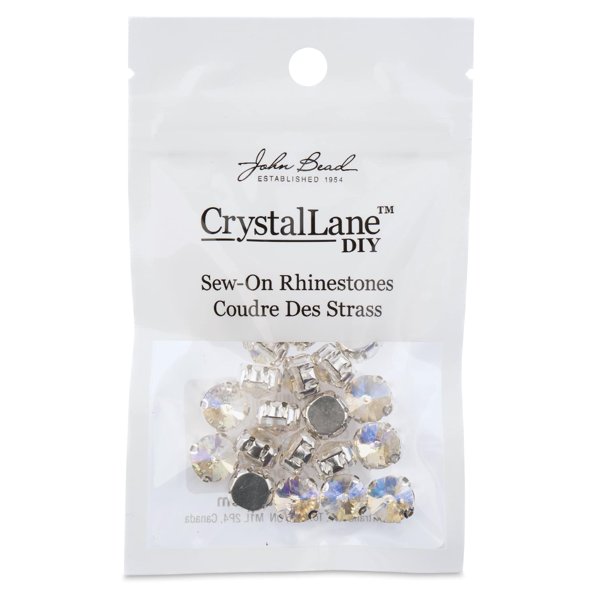 John Bead Crystal Lane DIY Sew On Rhinestones - Pkg of 20, Silver Setting, Crystal Satin, 10 mm front of packaging