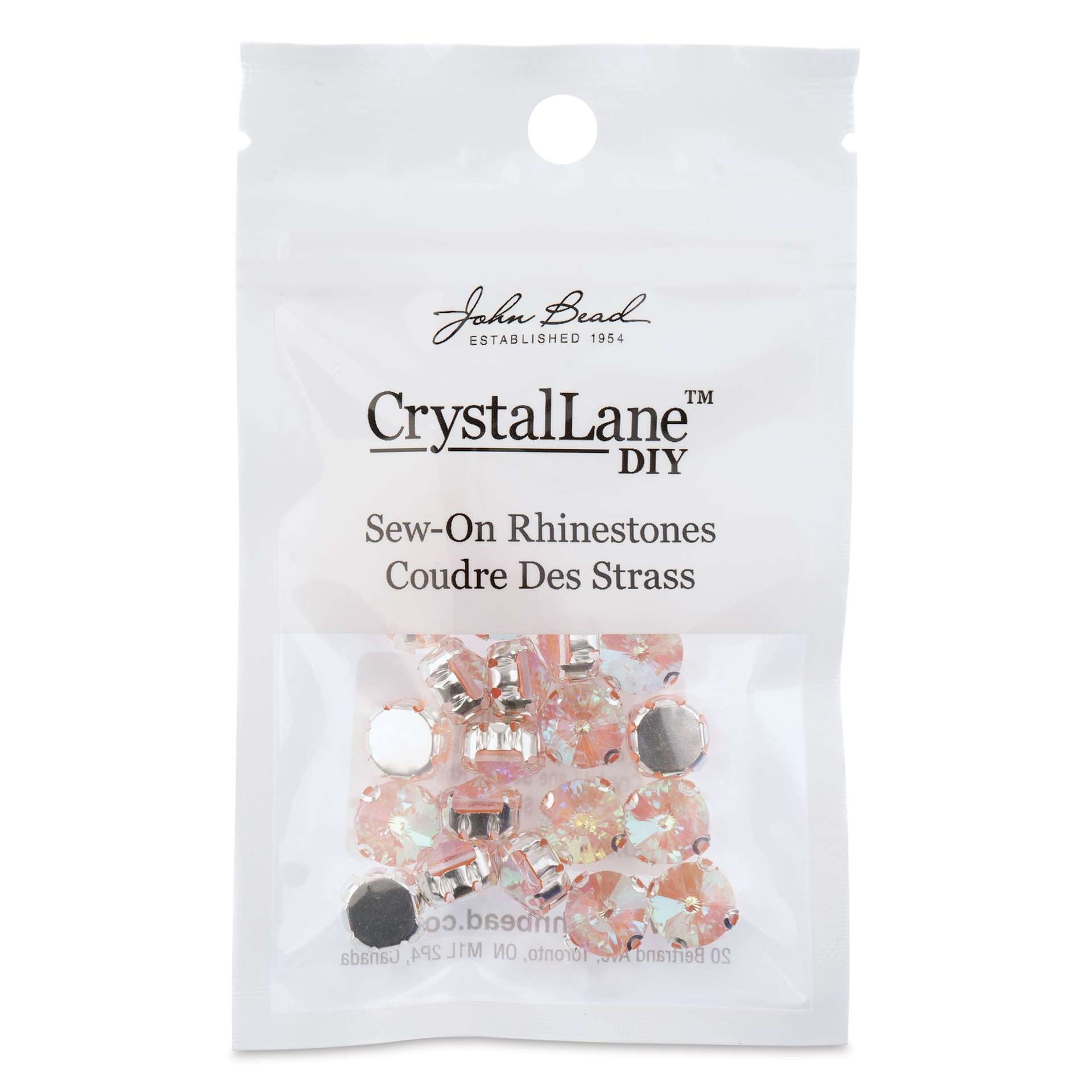 John Bead Crystal Lane DIY Sew On Rhinestones - Pkg of 20, Silver Setting, Pink AB, 10 mm front of packaging