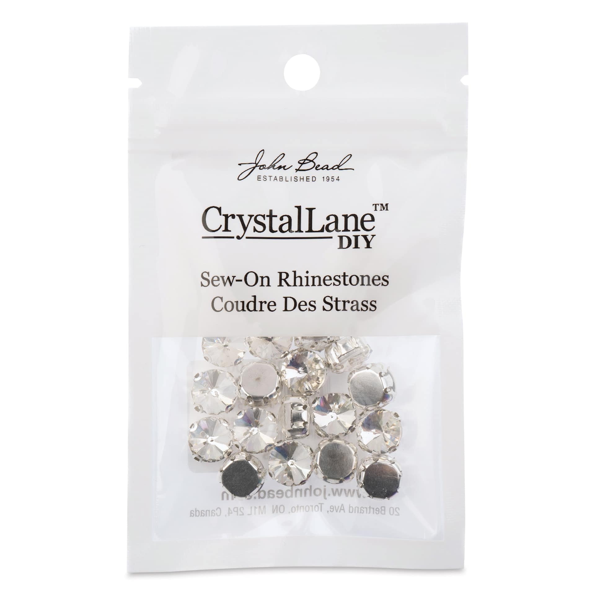 John Bead Crystal Lane DIY Sew On Rhinestones - Pkg of 20, Silver Setting, Crystal, 10 mm front of packaging