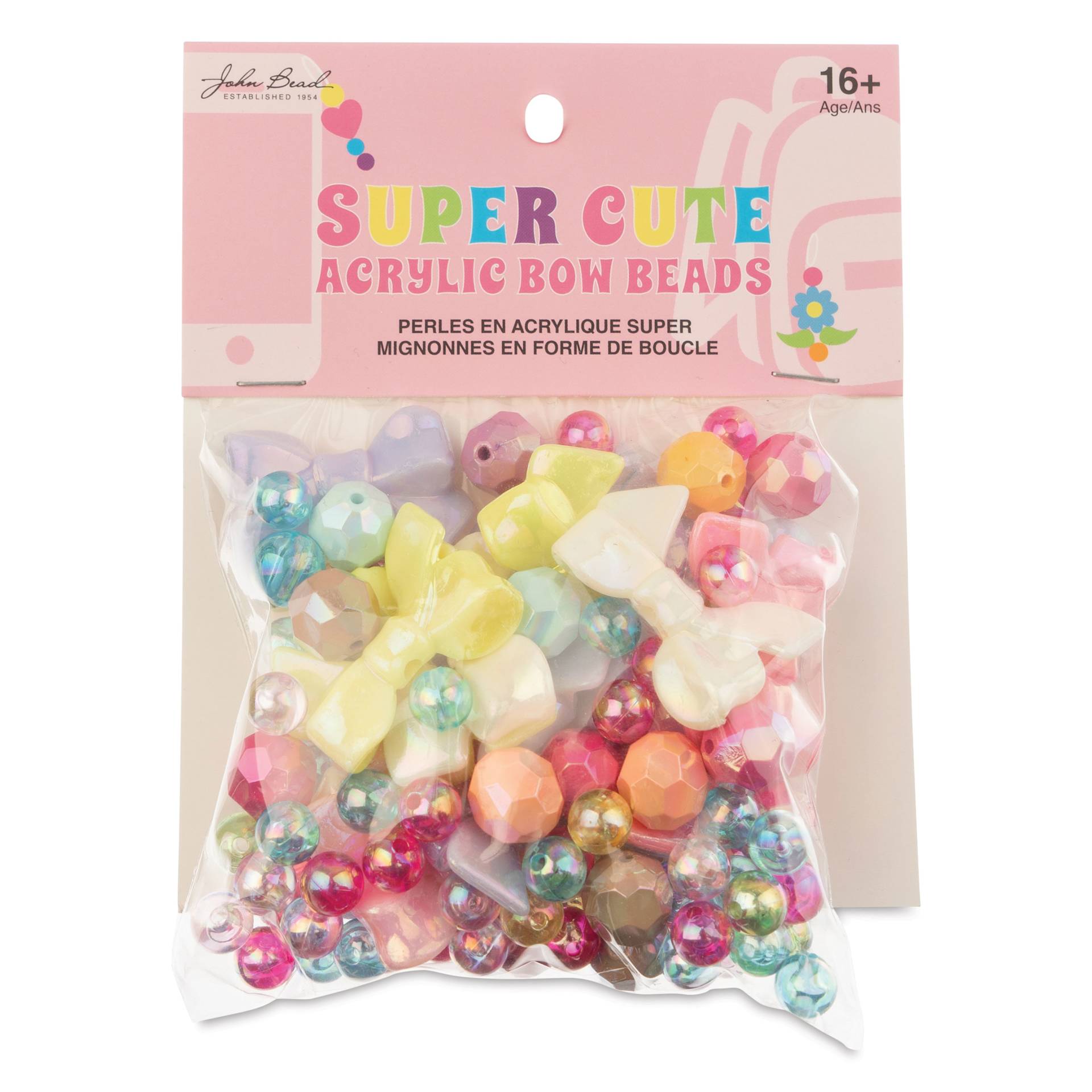 John Bead Super Cute Assorted Acrylic Bow Beads - Assorted Colors, 70 g front of packaging