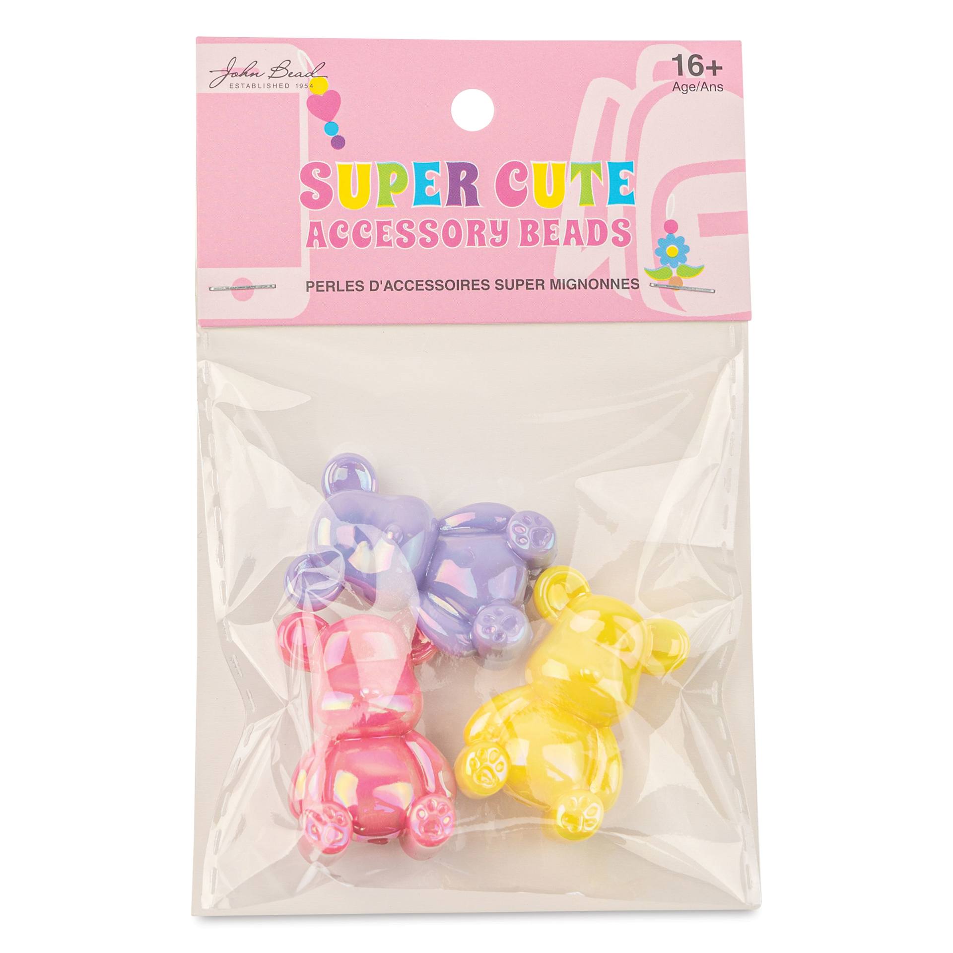 John Bead Super Cute Acrylic Animal Beads - Pkg of 3, Bears, Violet, Yellow, Pink front of packaging