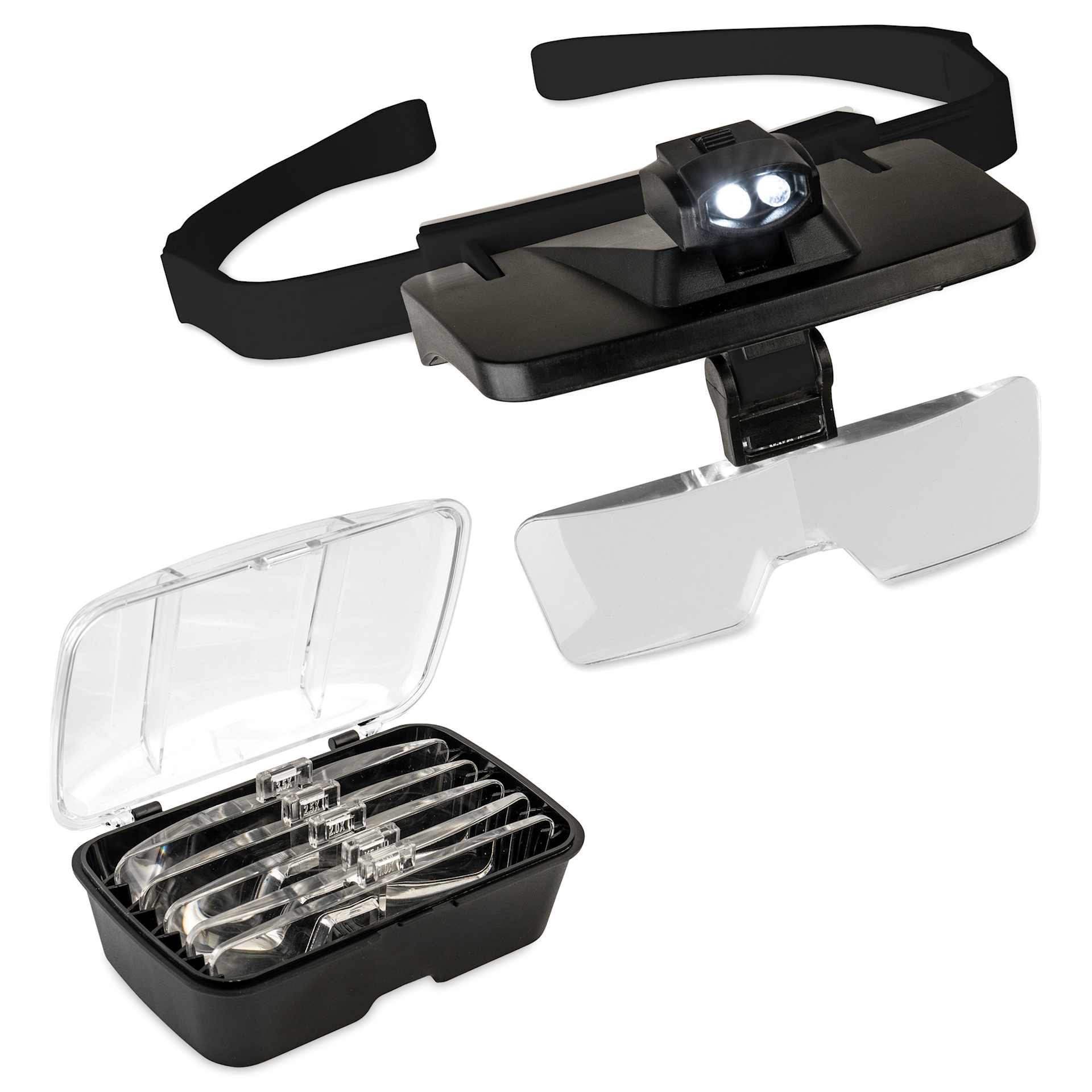 John Bead Head Mounted Magnifier with Lights with case and swappable lenses