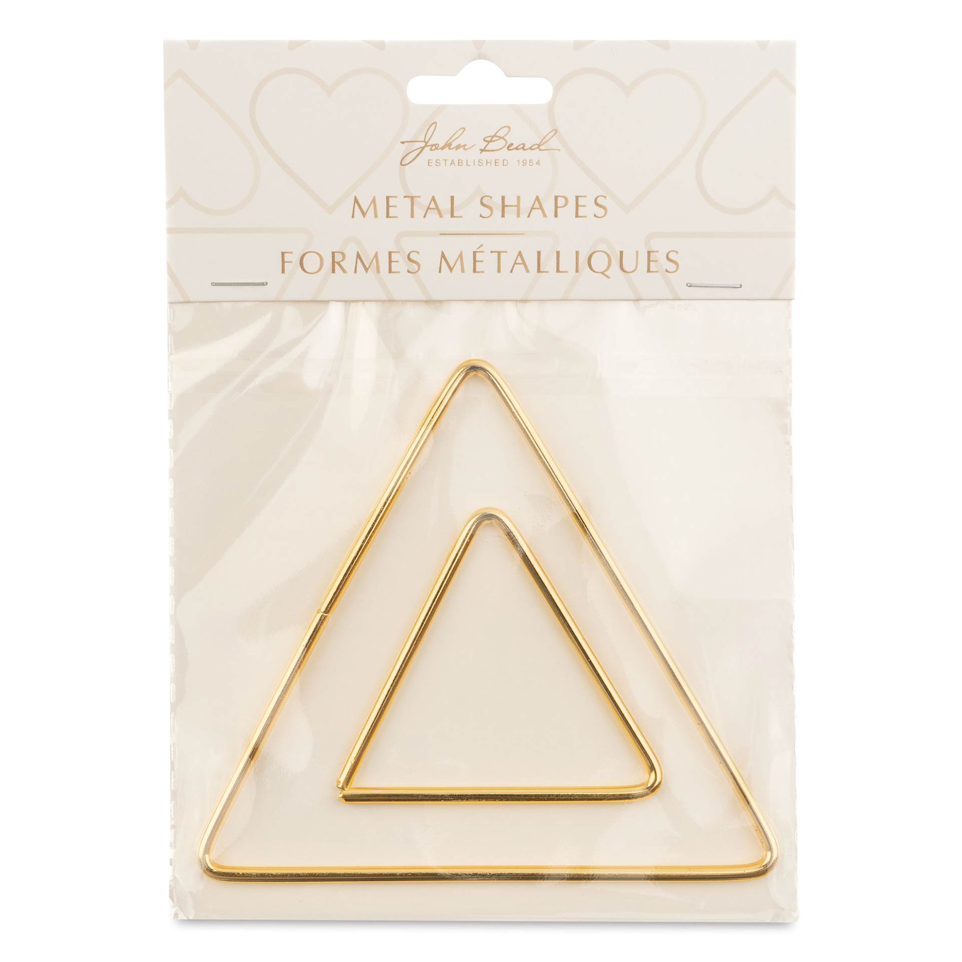 John Bead Iron Metal Shapes Macramé Frames - Pkg of 2, Triangles, 50mm and 100mm front of packaging