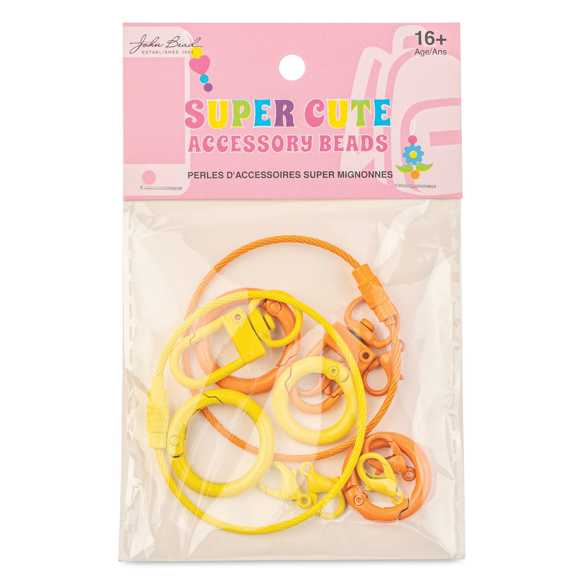 John Bead Super Cute Keychain Findings Kit - Pkg of 14, Kit 2, Orange and Yellow front of packaging