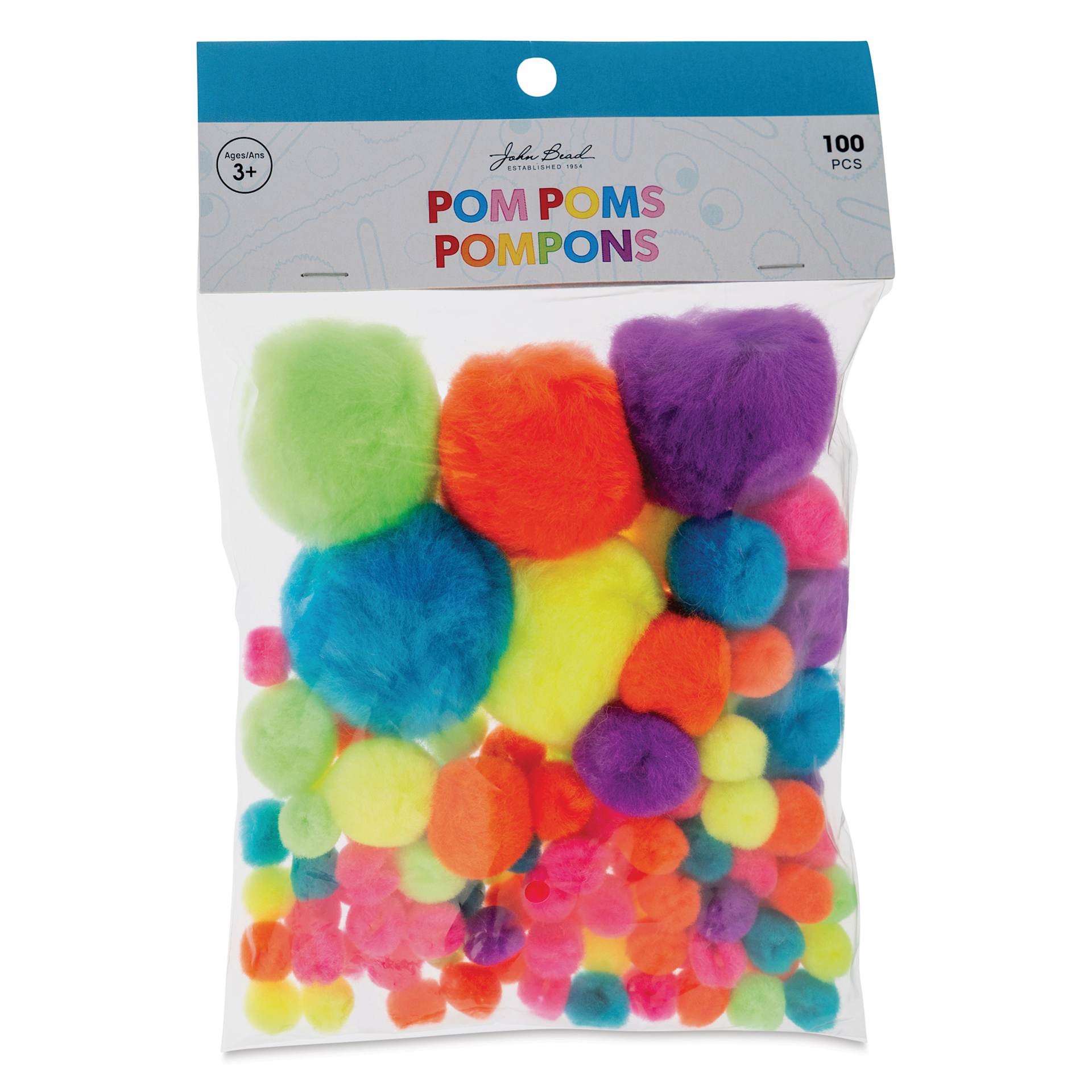 John Bead Pom Poms Assorted Mix - Pkg of 100, Neon Mix front of packaging