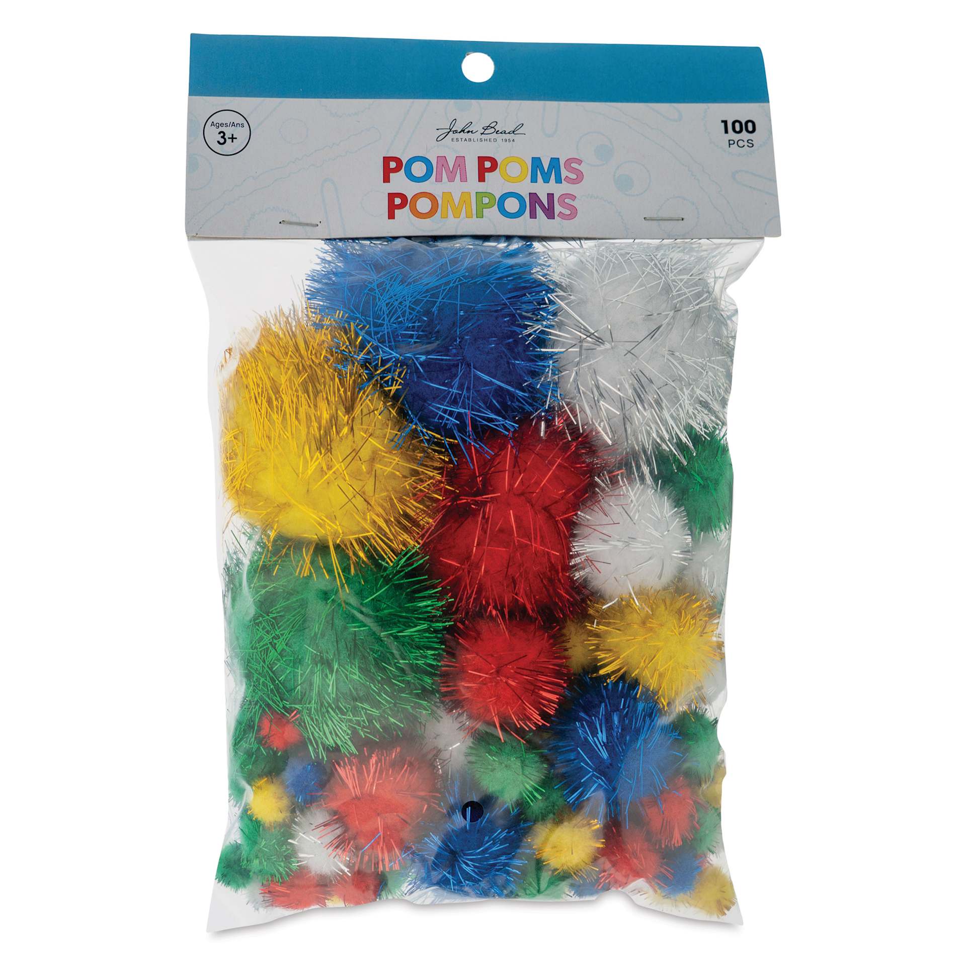 John Bead Pom Poms Assorted Mix - Pkg of 100, Glitter Mix front of packaging