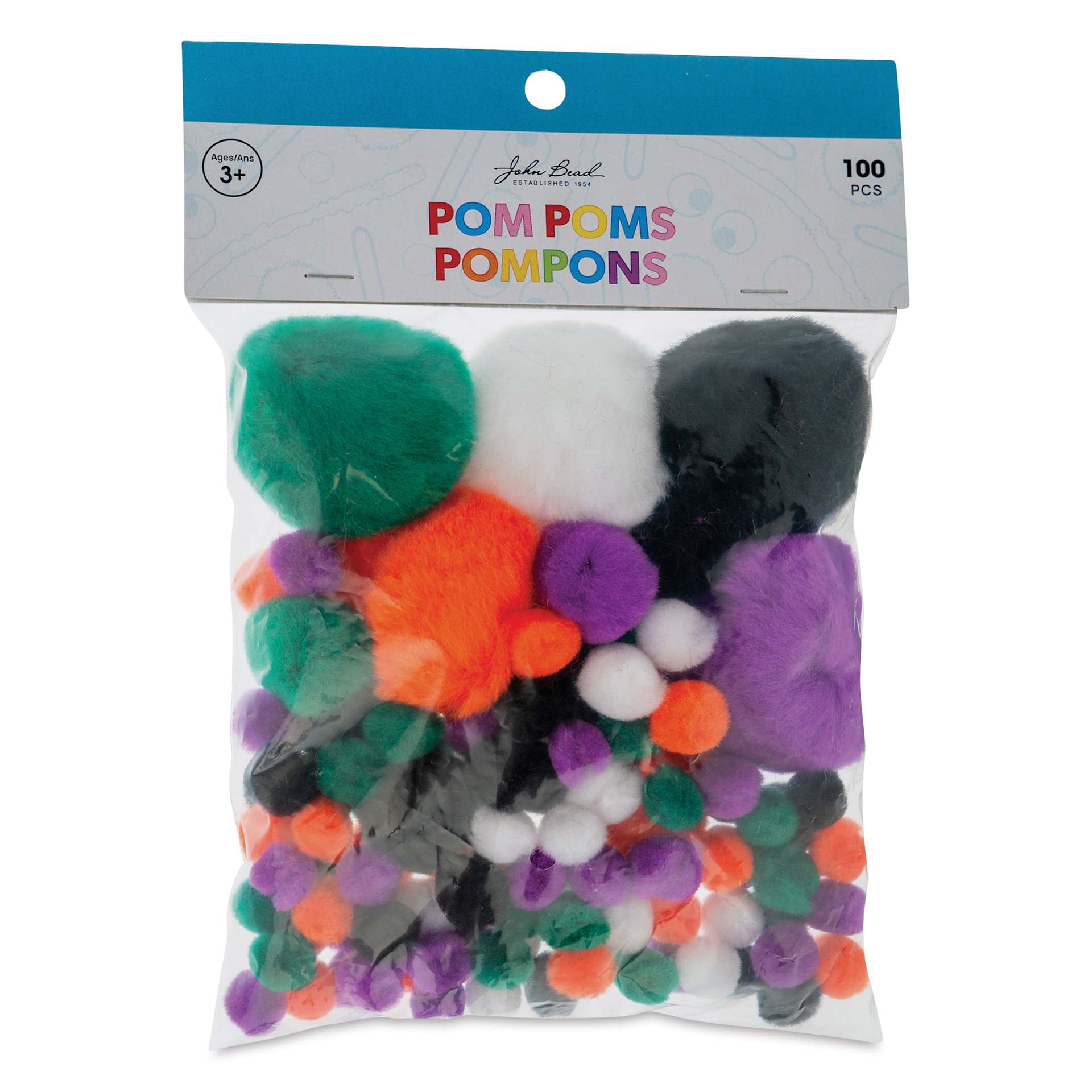 John Bead Pom Poms Assorted Mix - Pkg of 100, Halloween Mix front of packaging