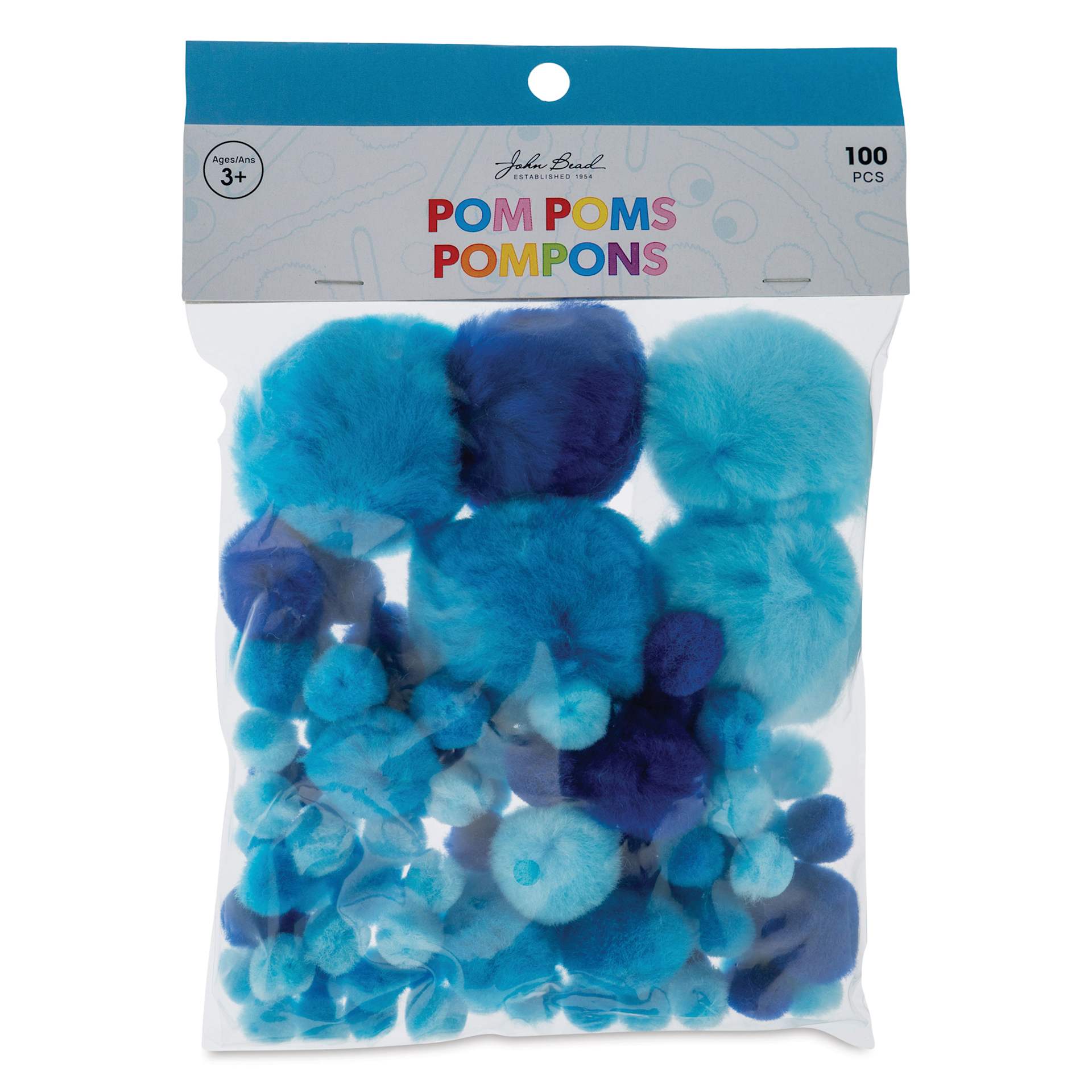 John Bead Pom Poms Assorted Mix - Pkg of 100, Blue Mix front of packaging