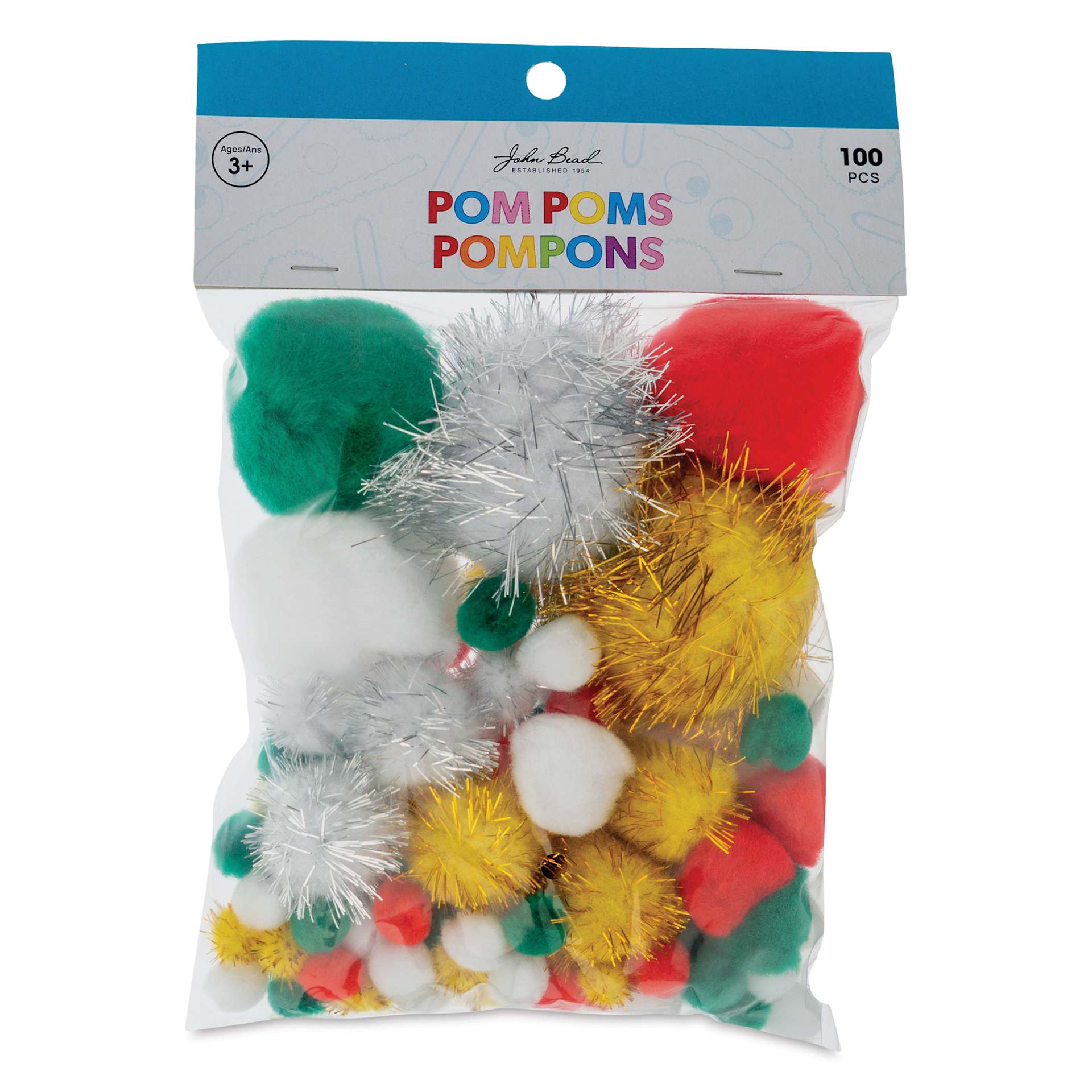 John Bead Pom Poms Assorted Mix - Pkg of 100, Christmas Mix front of packaging