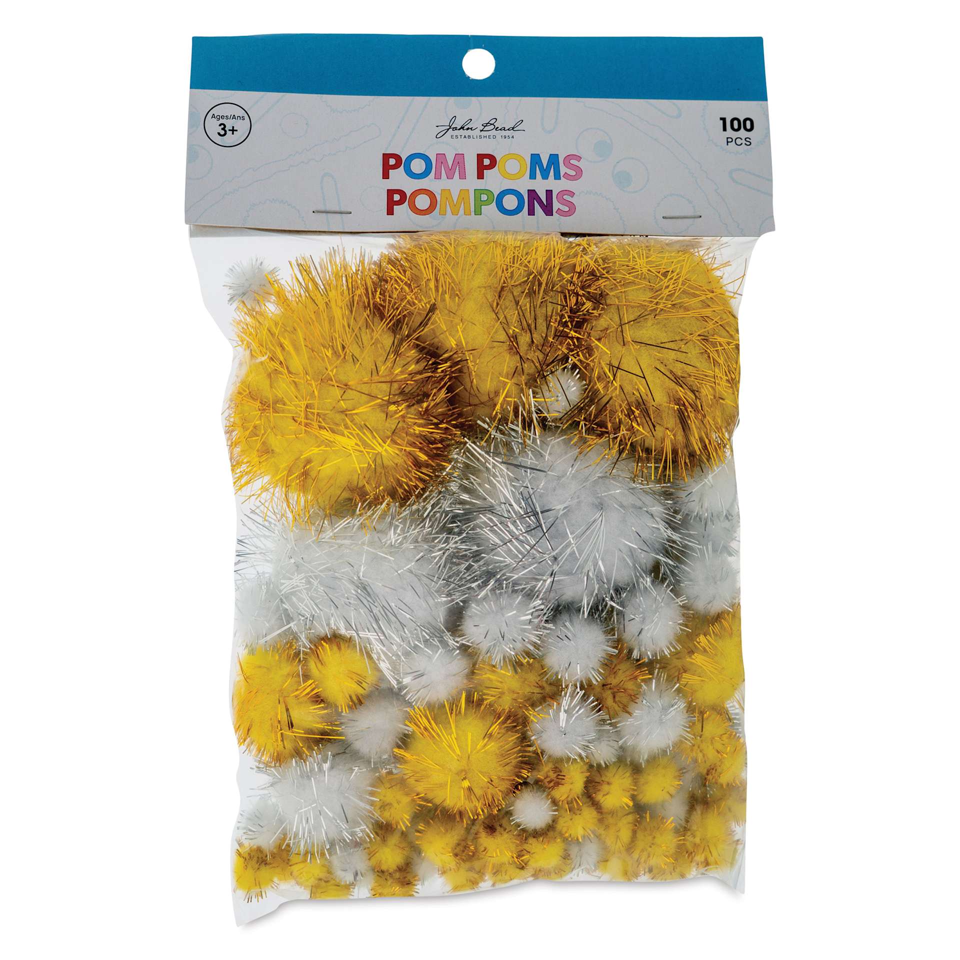 John Bead Pom Poms Assorted Mix - Pkg of 100, Glitter Gold and Silver Mix front of packaging