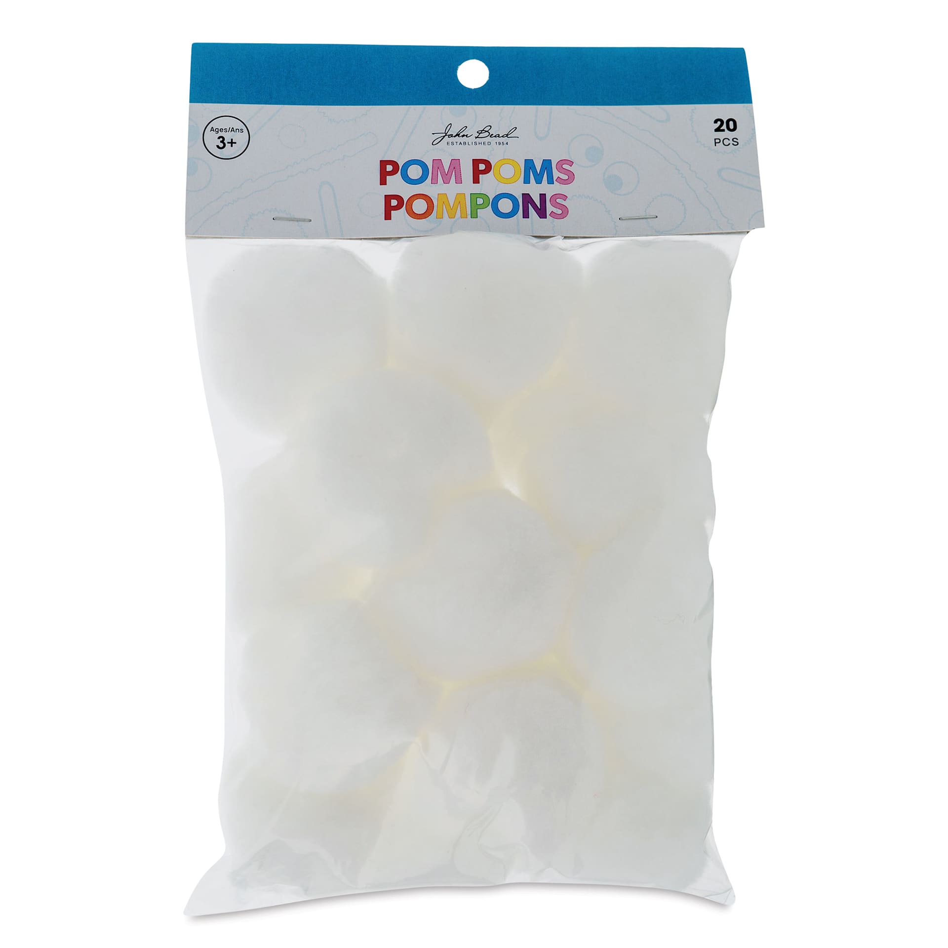 John Bead Pom Poms - Pkg of 20, White, 2" front of packaging