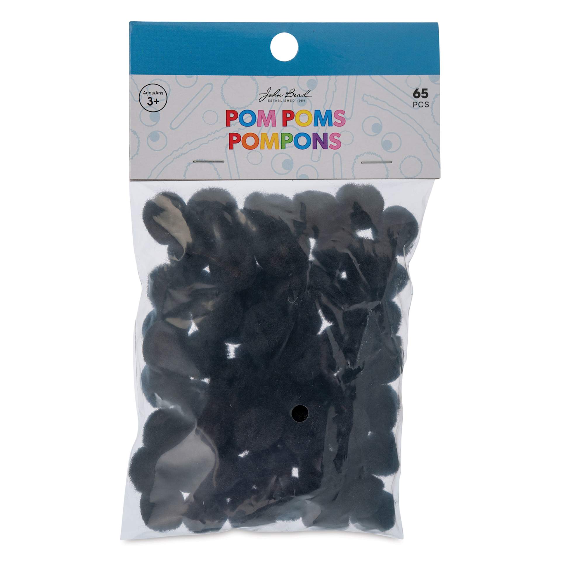 John Bead Pom Poms - Pkg of 100, Black, 1" front of packaging