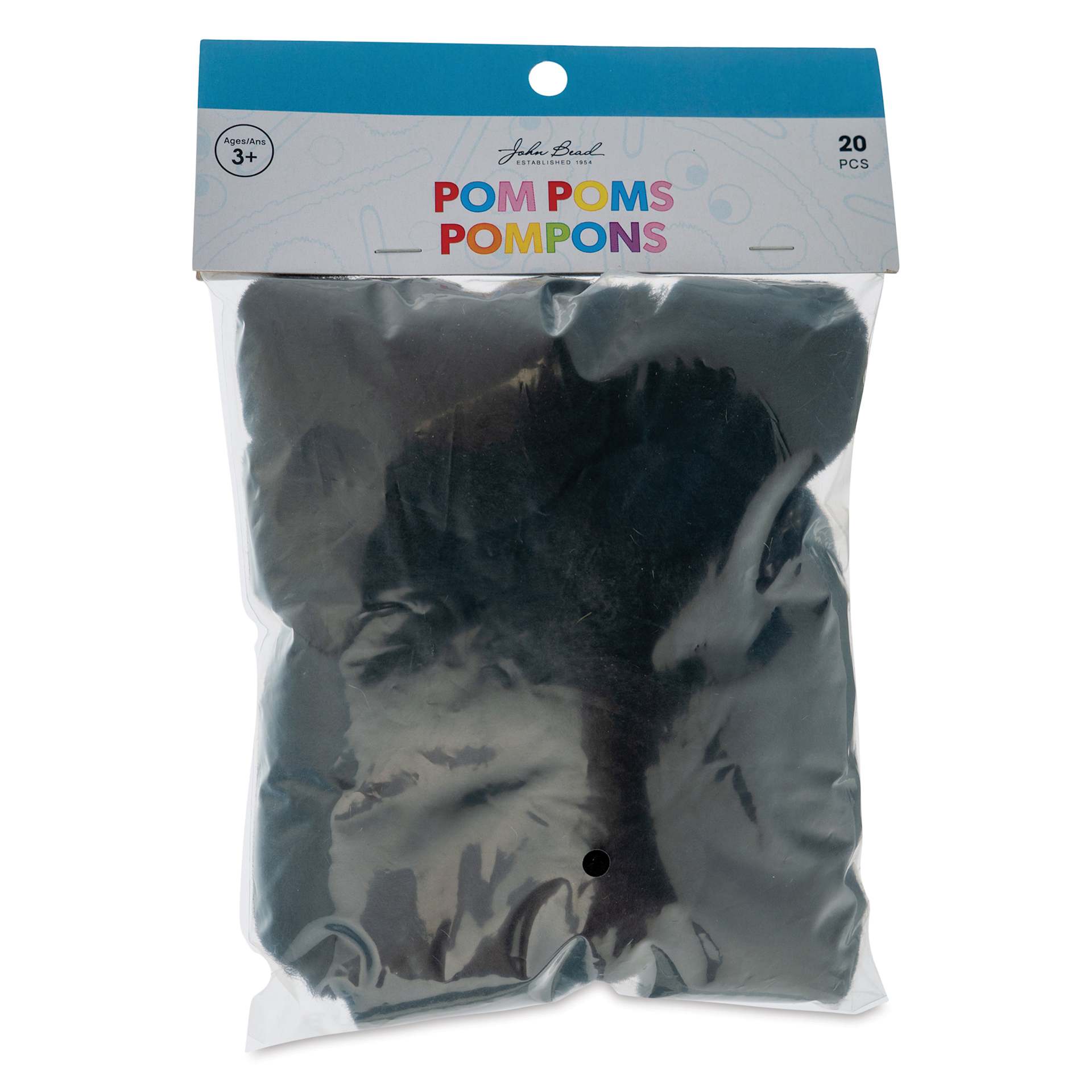 John Bead Pom Poms - Pkg of 20, Black, 2" front of packaging