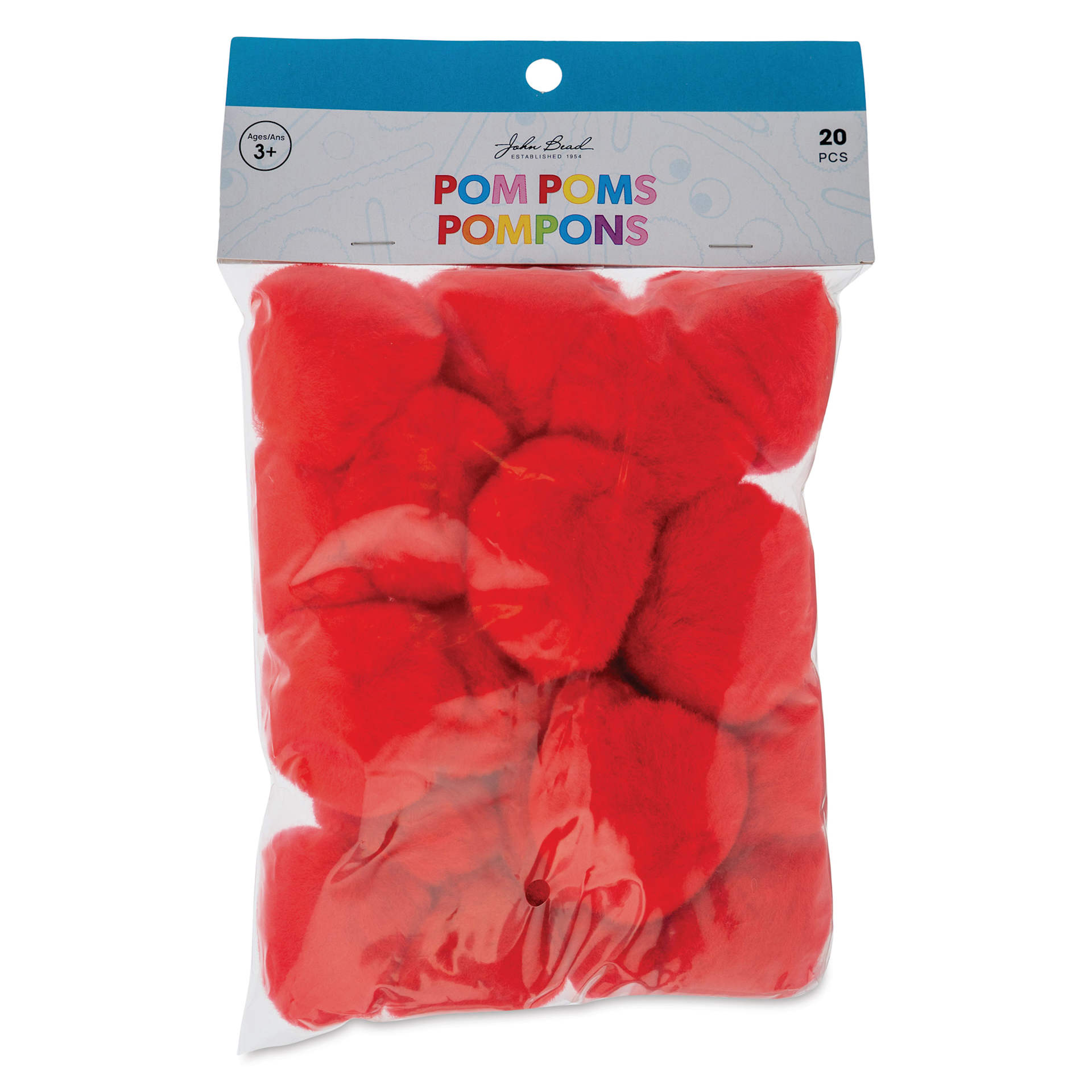 John Bead Pom Poms - Pkg of 20, Red, 2" front of packaging
