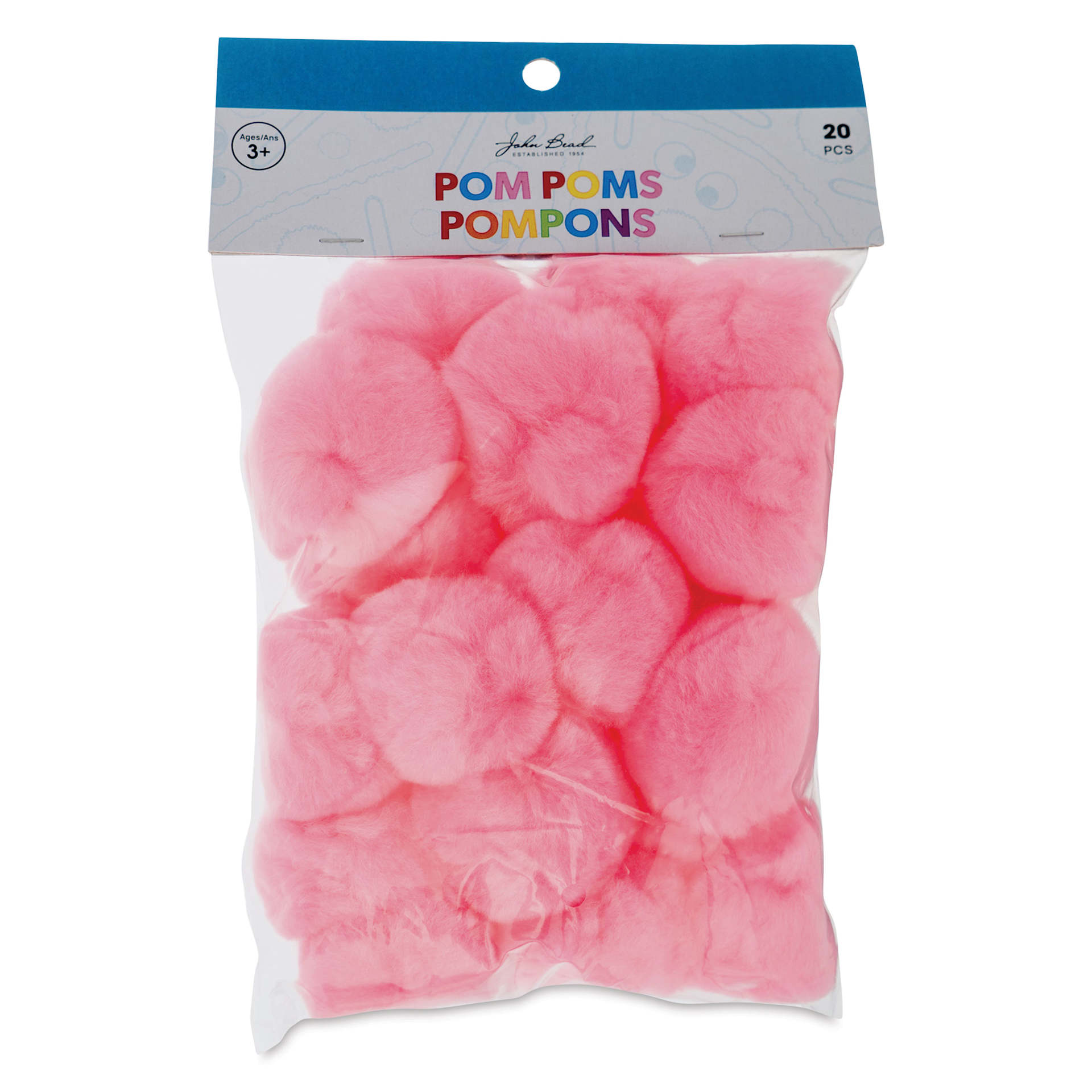John Bead Pom Poms - Pkg of 20, Pink, 2" front of packaging