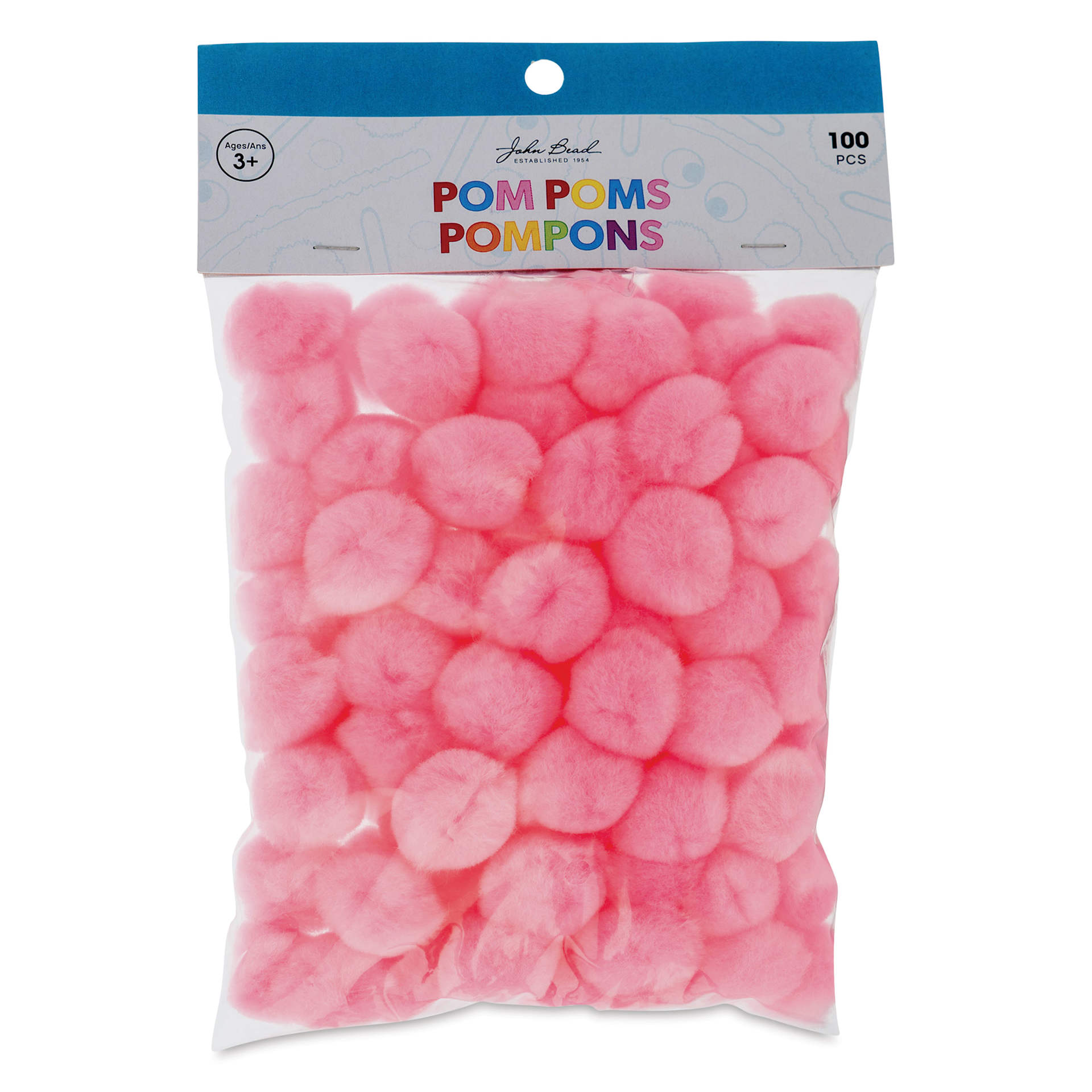 John Bead Pom Poms - Pkg of 65, Pink, 1/2" front of packaging