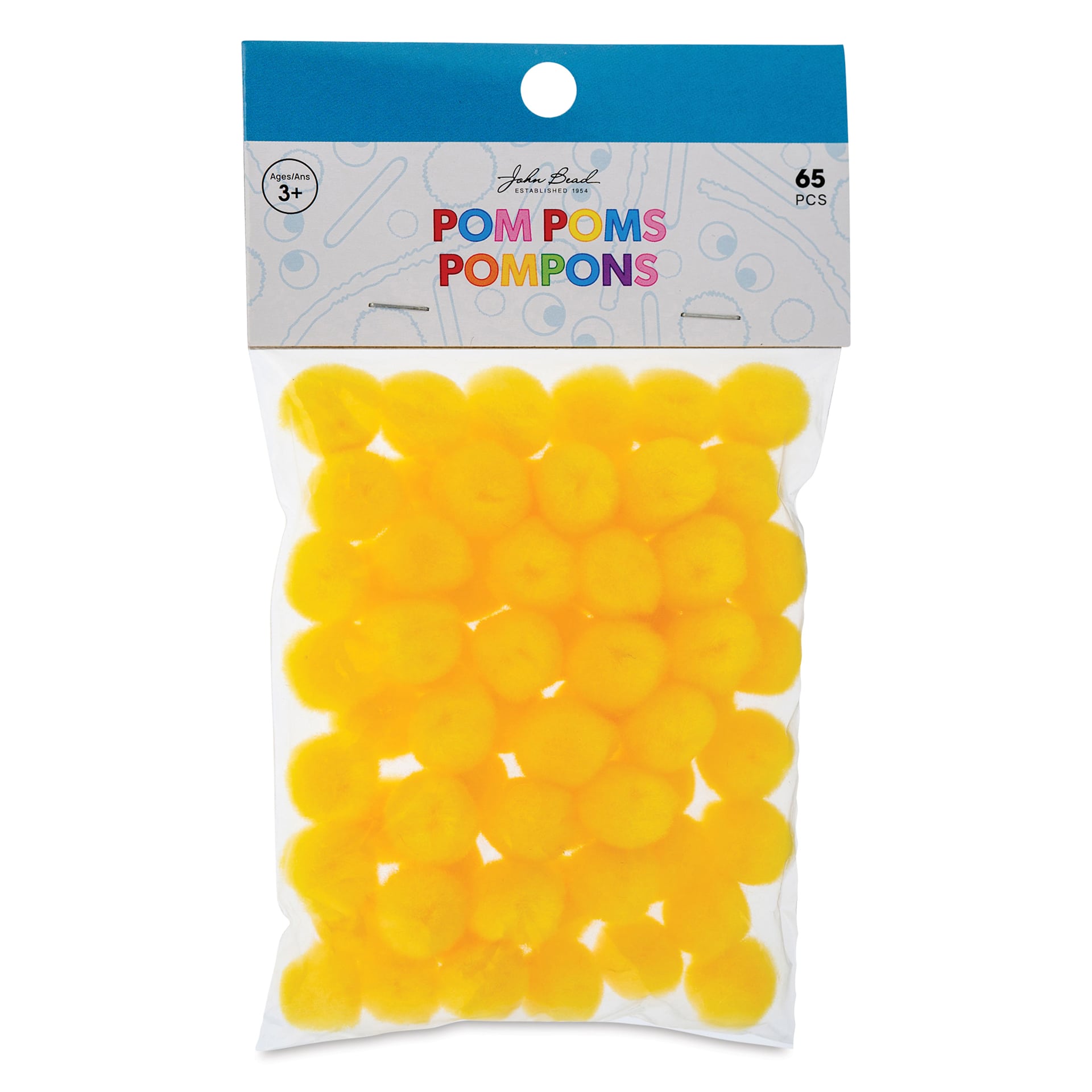 John Bead Pom Poms - Pkg of 100, Yellow, 1" front of packaging