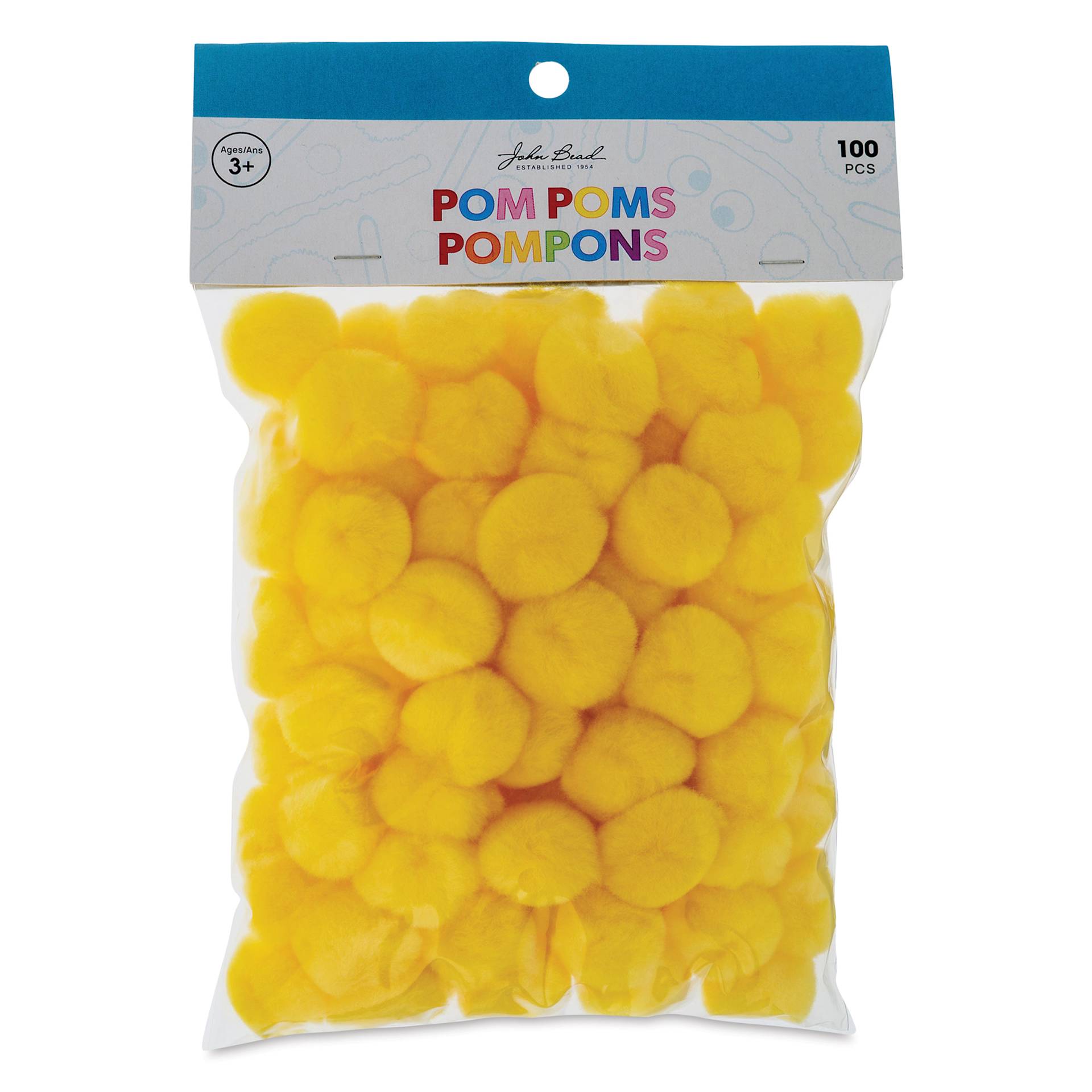 John Bead Pom Poms - Pkg of 65, Yellow, 1/2" front of packaging