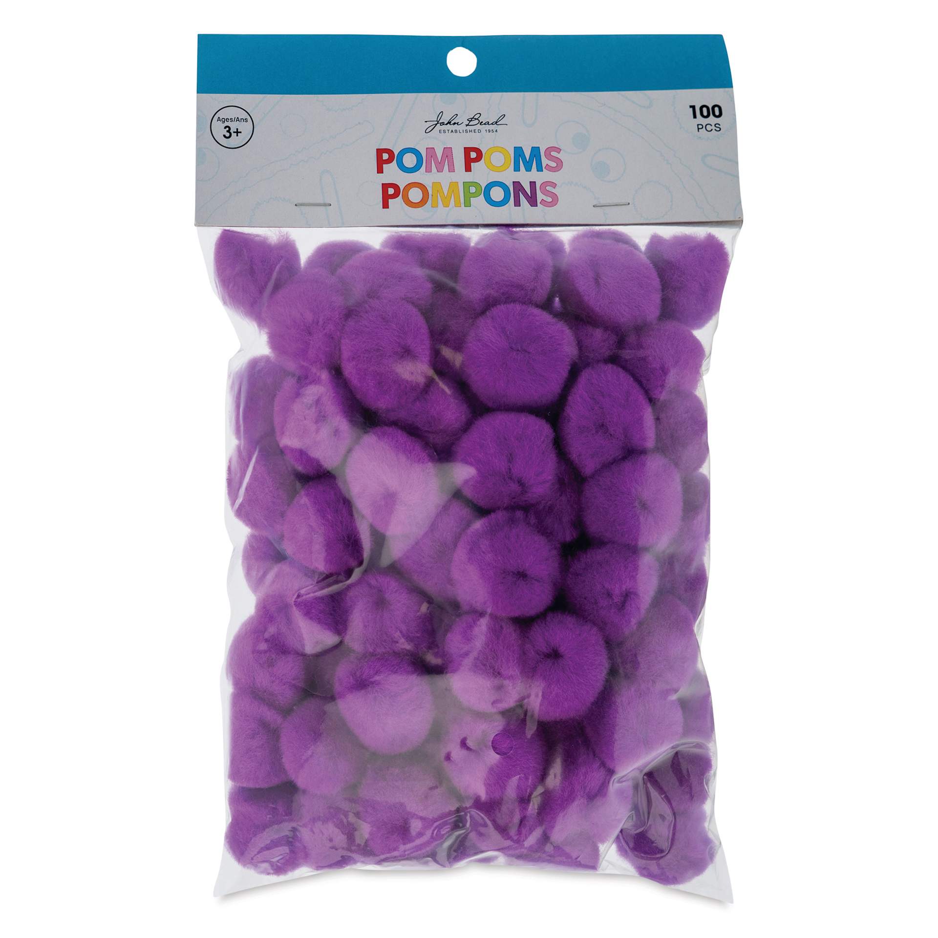John Bead Pom Poms - Pkg of 65, Purple, 1/2" front of packaging