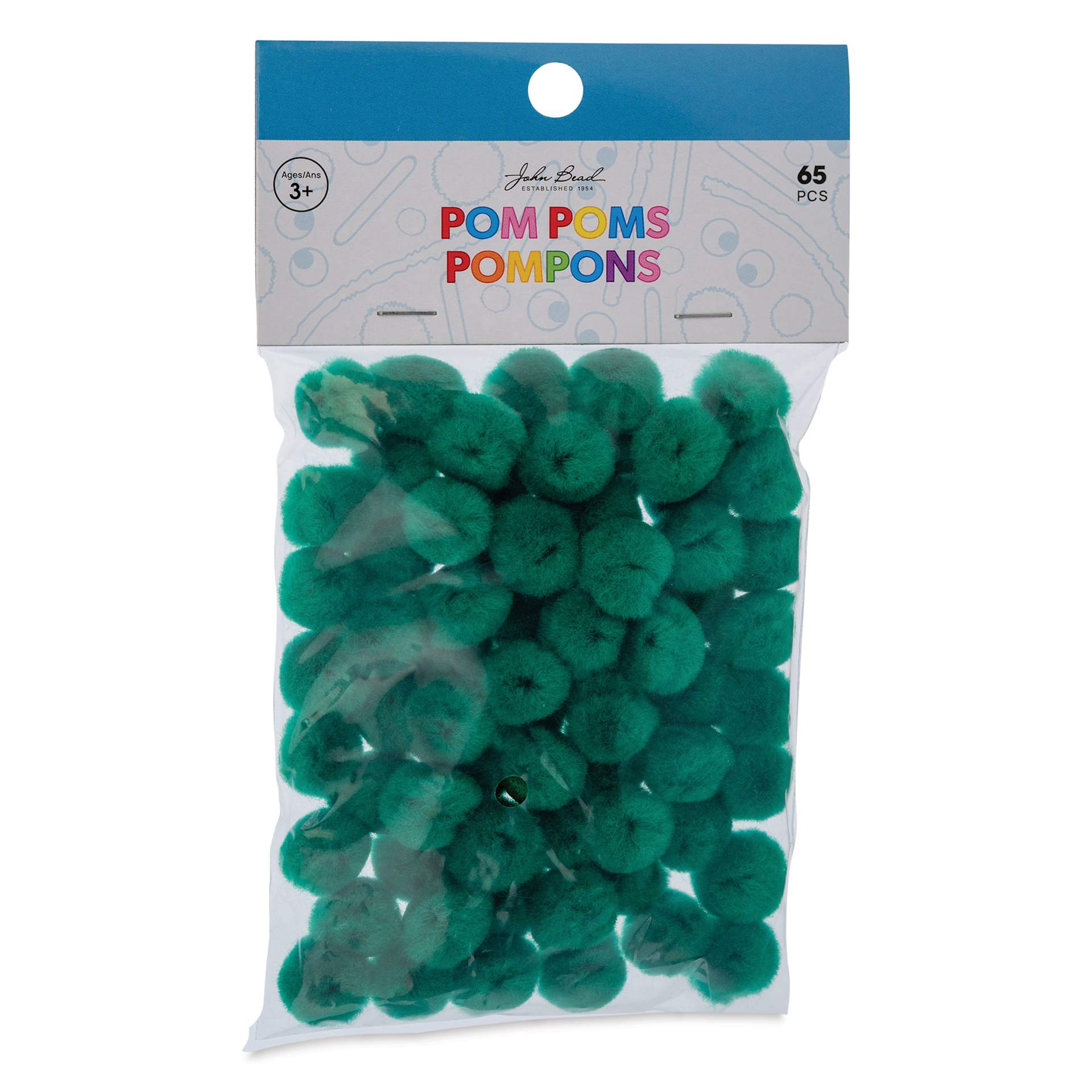 John Bead Pom Poms - Pkg of 100, Dark Green, 1" front of packaging