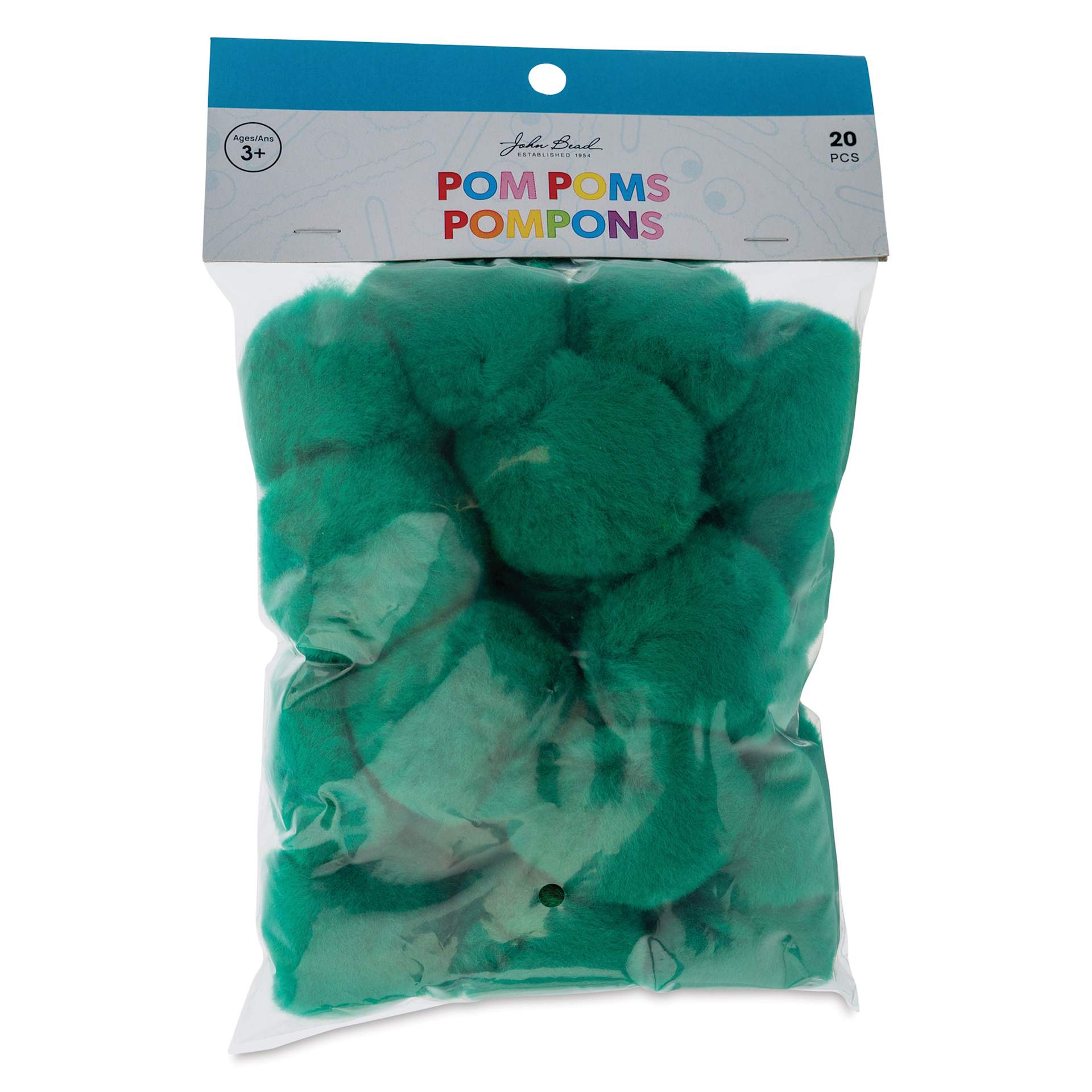 John Bead Pom Poms - Pkg of 20, Dark Green, 2" front of packaging