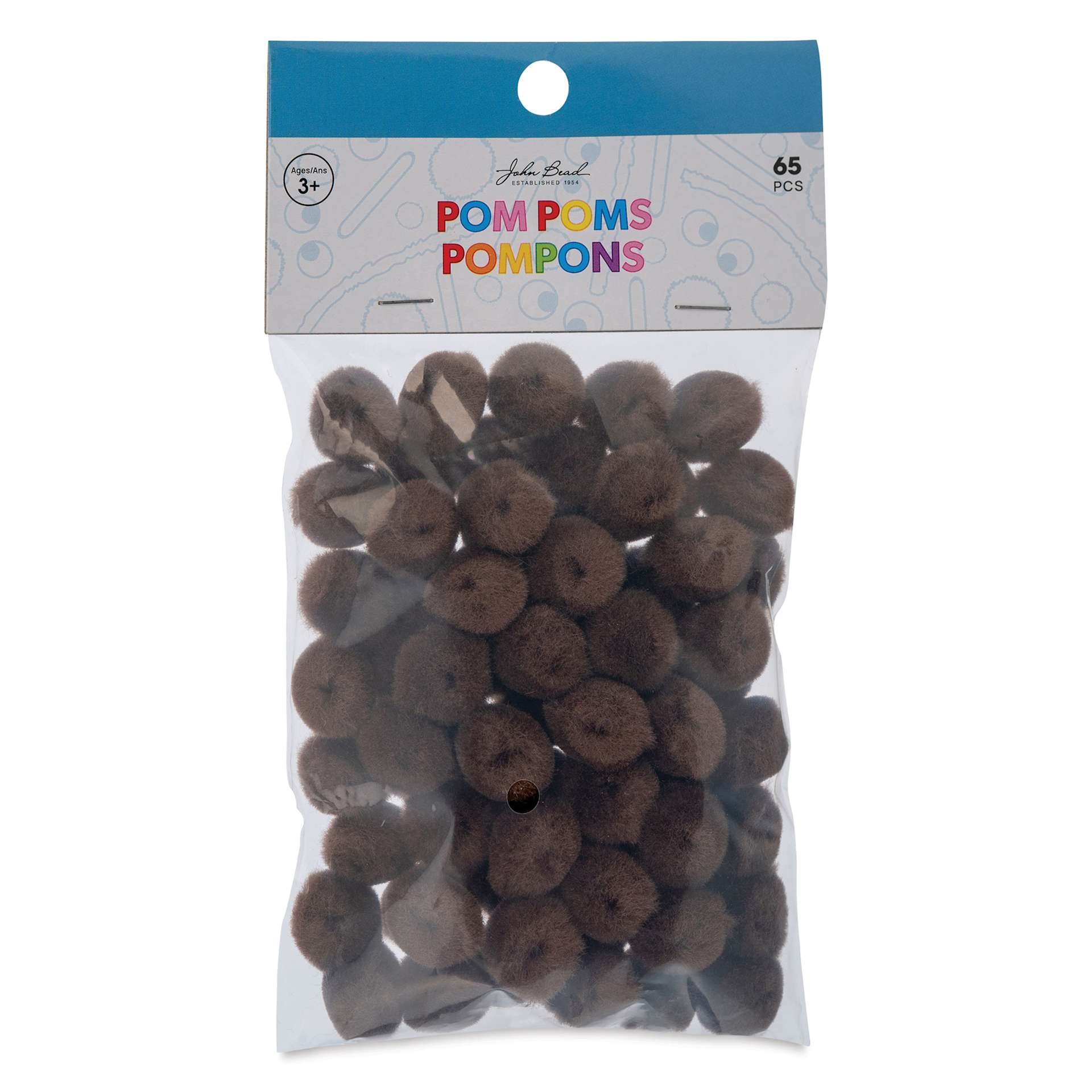 John Bead Pom Poms - Pkg of 100, Brown, 1" front of packaging