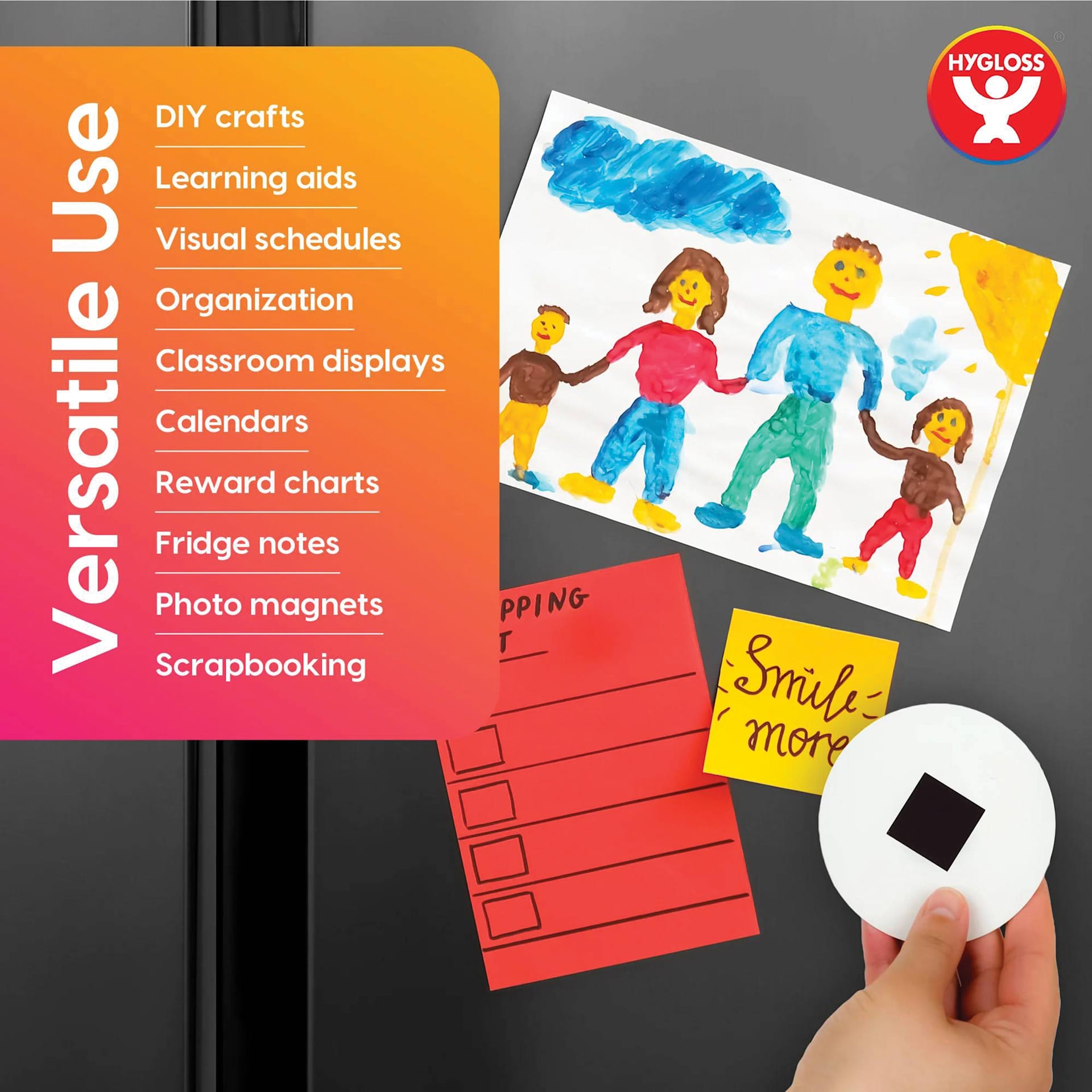 Hygloss Self-Adhesive Magnetic Squares. Versatile Use. DIY Crafts, Learning aids, visual schedules, organization, classroom displays, calendars, reward charts, fridge notes, photo magnets, and scrapbooking.