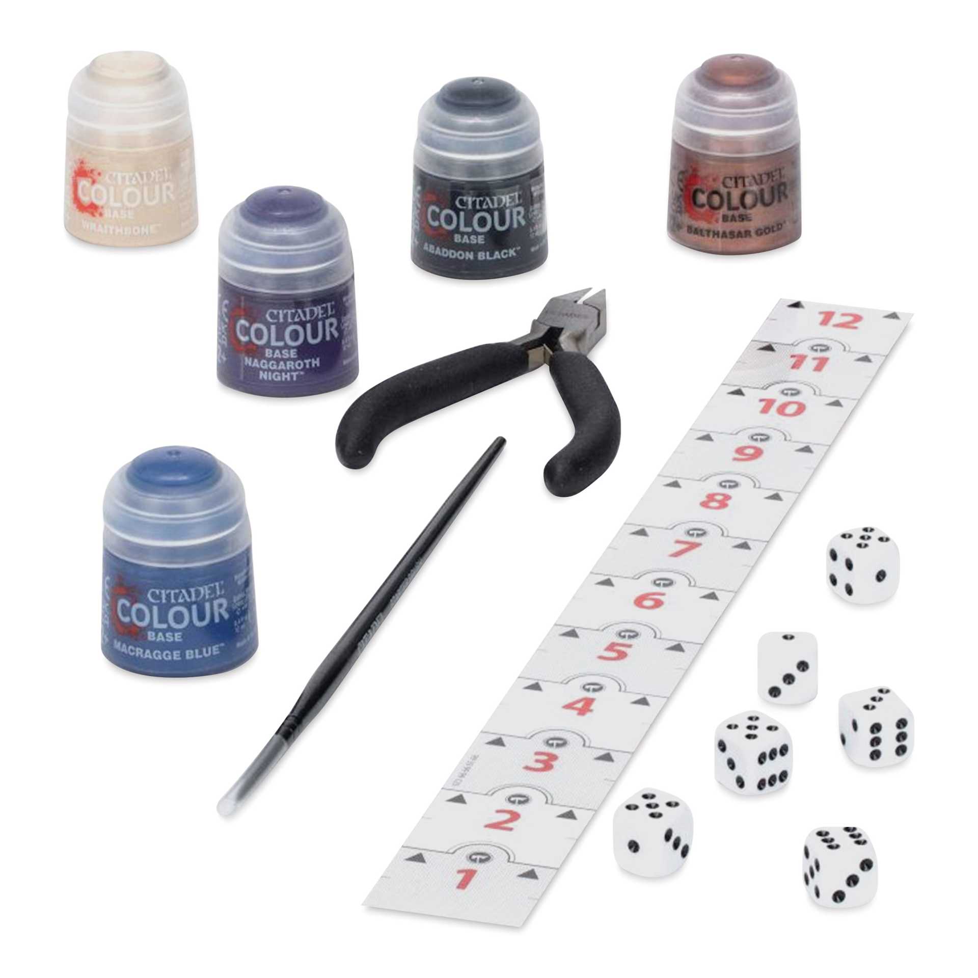 Warhammer 40k Introductory Set - included brush, paints, cutter, dice, and space counter.