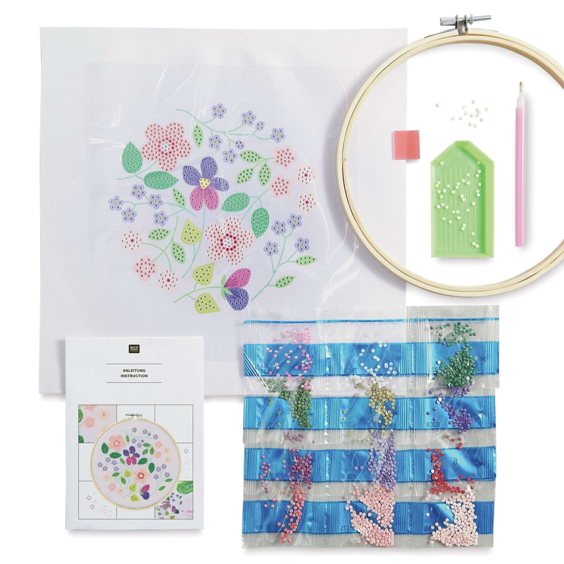 Rico Design Diamond Painting DIY Kit - Shimmering Flowers contents
