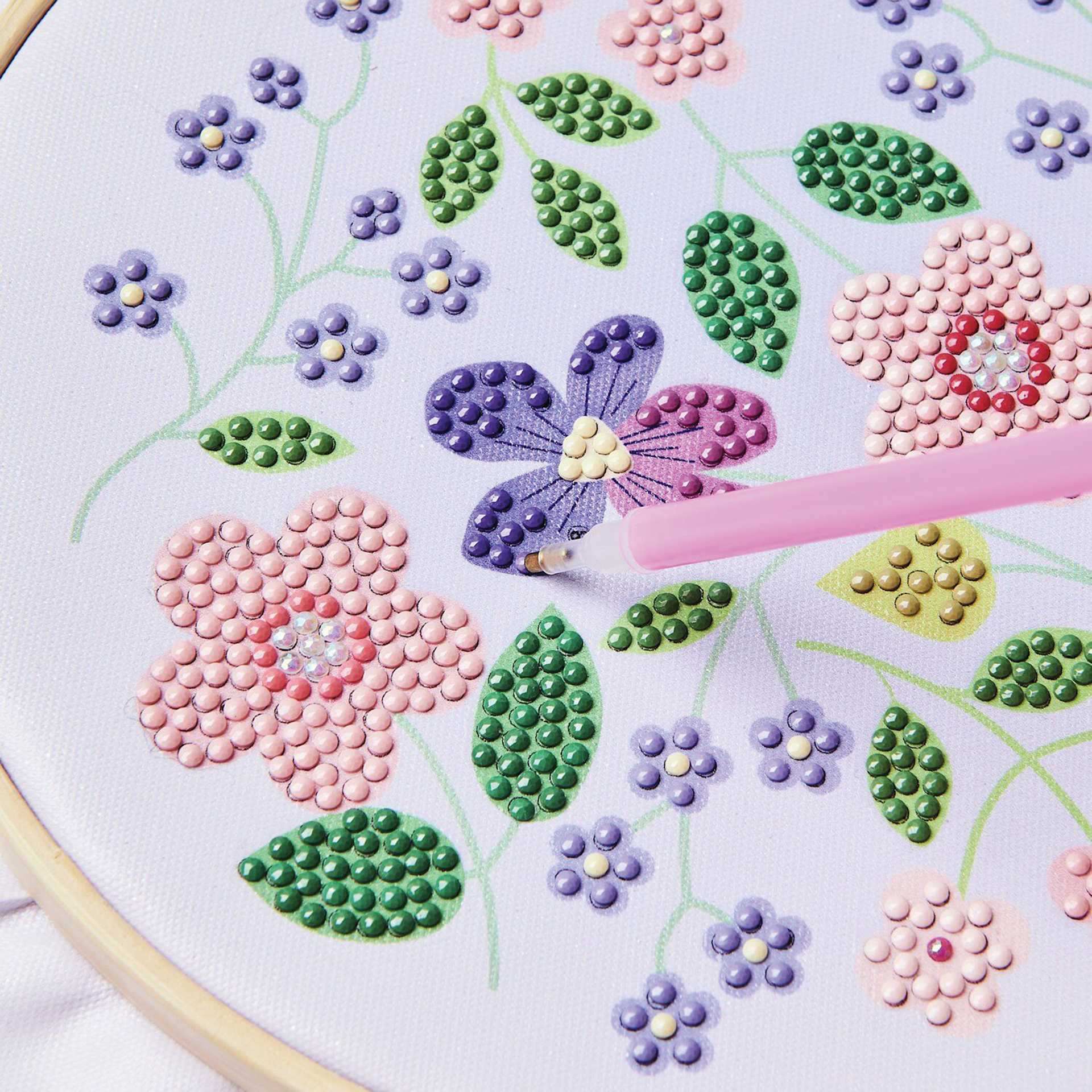 Rico Design Diamond Painting DIY Kit - Shimmering Flowers close up showing bead application