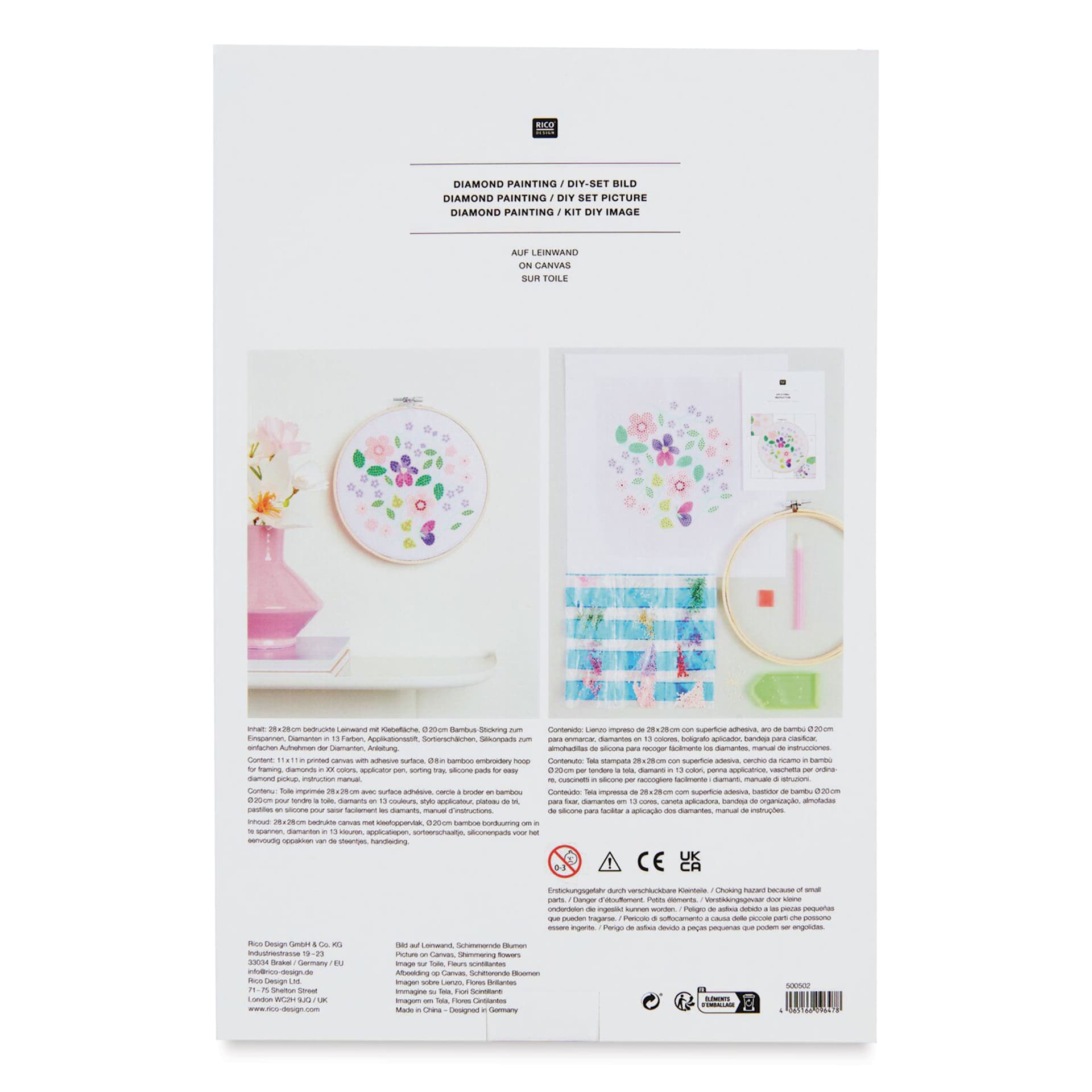 Rico Design Diamond Painting DIY Kit - Shimmering Flowers back of packaging