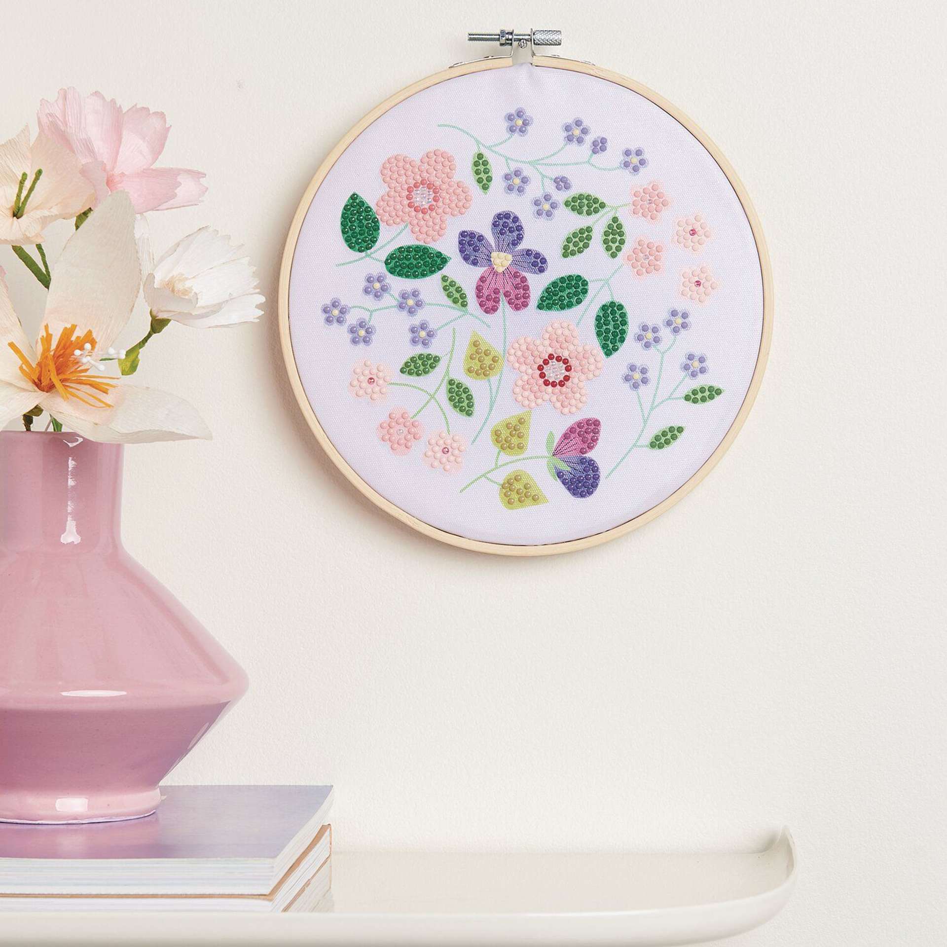 Rico Design Diamond Painting DIY Kit - Shimmering Flowers completed project mounted on wall